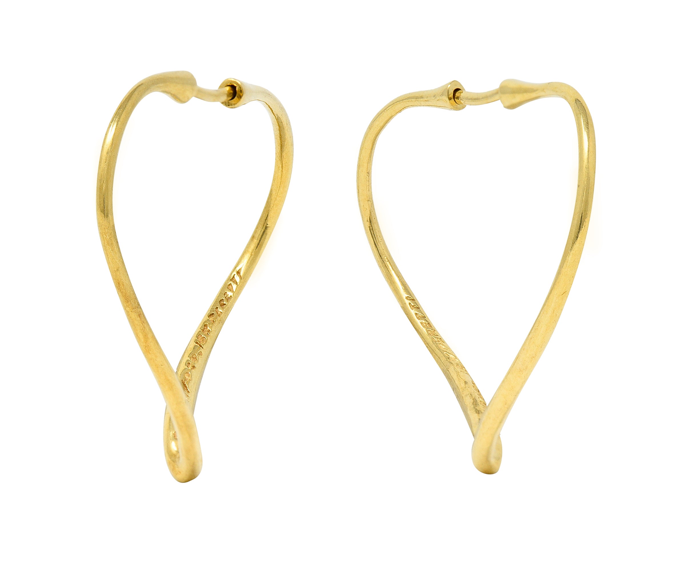 Elsa Peretti Tiffany & Co. 1990's 18 Karat Yellow Gold Open Heart Vintage Hoop Earrings Wilson's Estate Jewelry