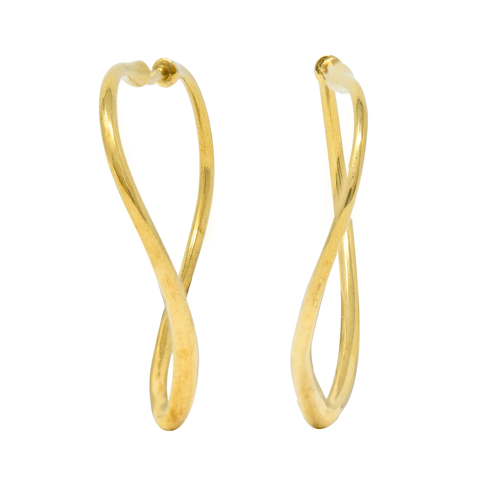 Elsa Peretti Tiffany & Co. 1990's 18 Karat Yellow Gold Open Heart Vintage Hoop Earrings Wilson's Estate Jewelry