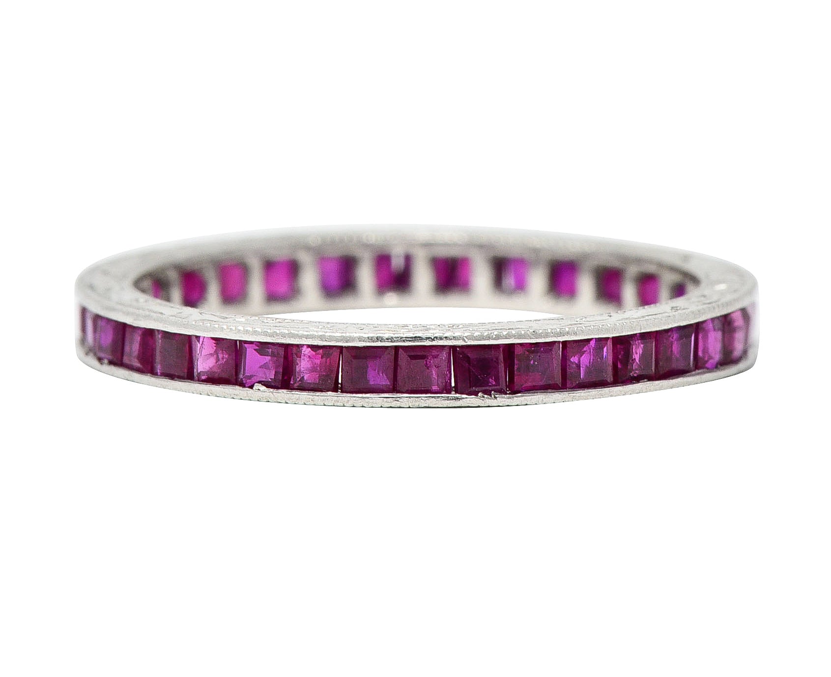 Art Deco 1.85 CTW Square Cut Ruby Platinum Scrolling Eternity Vintage Channel Band Ring Wilson's Estate Jewelry