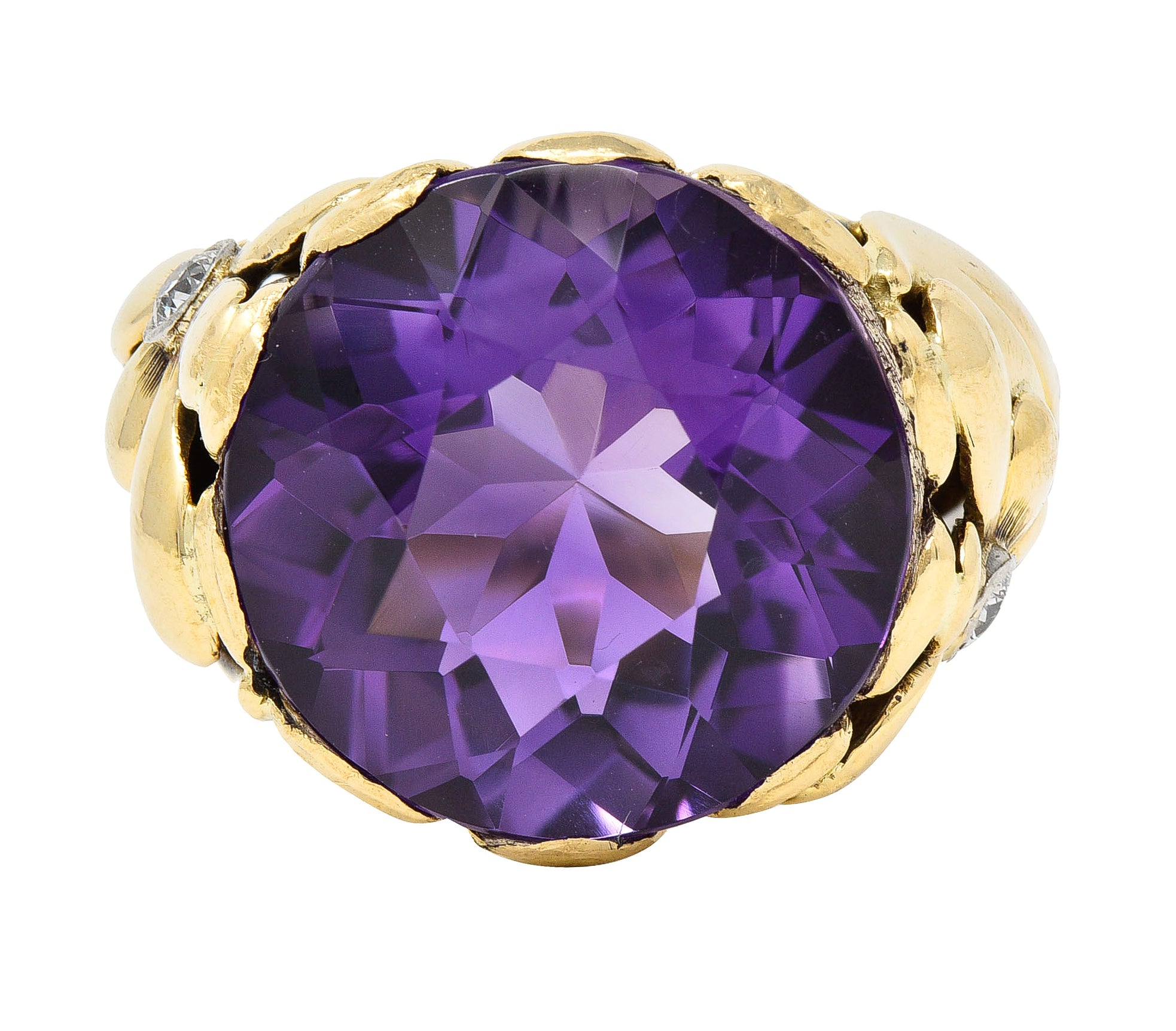 1940's Diamond Amethyst 14 Karat Two-Tone Gold Daisy Floral Retro Vintage Cocktail Ring Wilson's Estate Jewelry