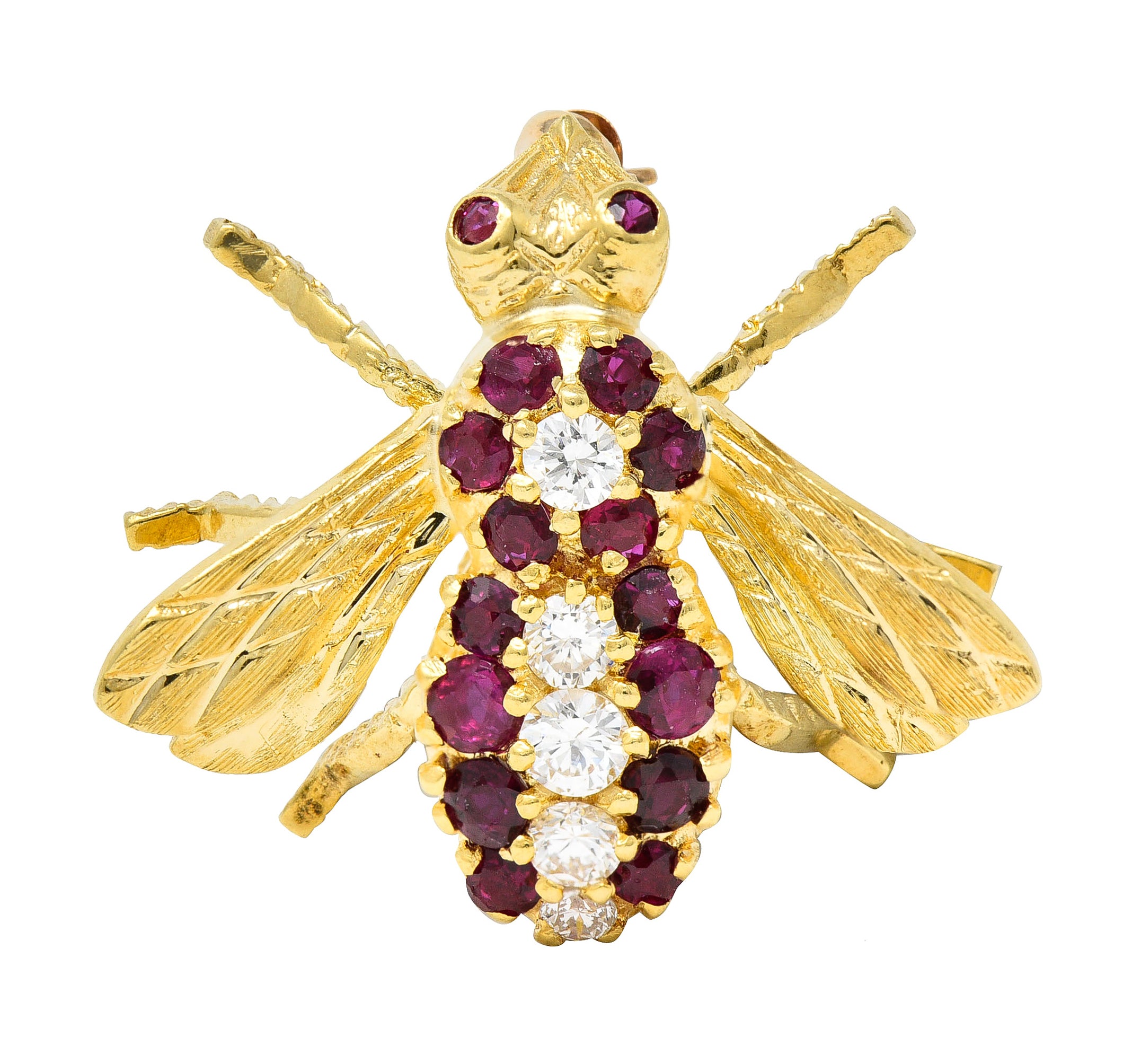 Rosenthal 1960s Diamond Ruby 18 Karat Yellow Gold Bee Vintage Brooch Wilson's Estate Jewelry