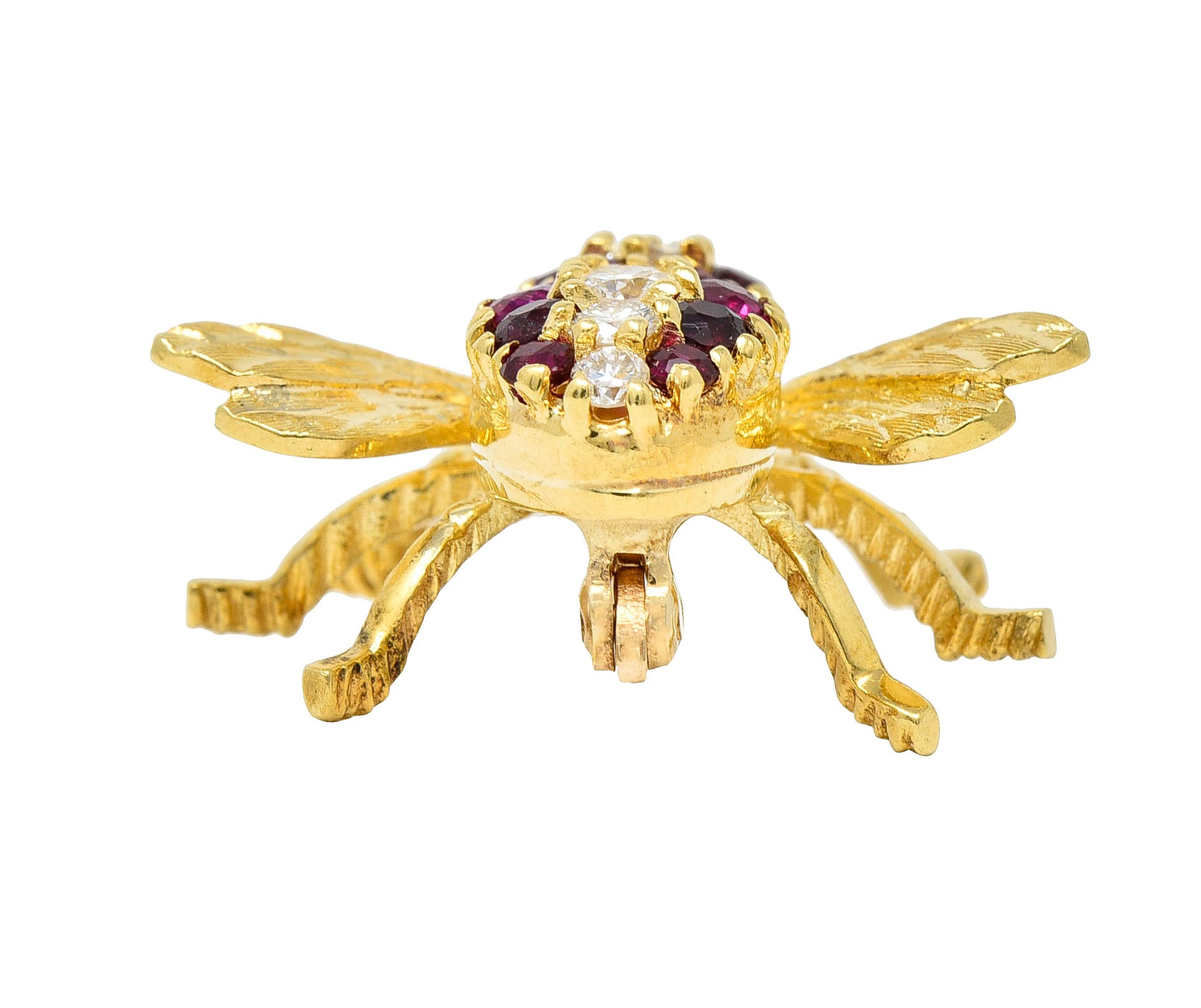 Rosenthal 1960s Diamond Ruby 18 Karat Yellow Gold Bee Vintage Brooch Wilson's Estate Jewelry