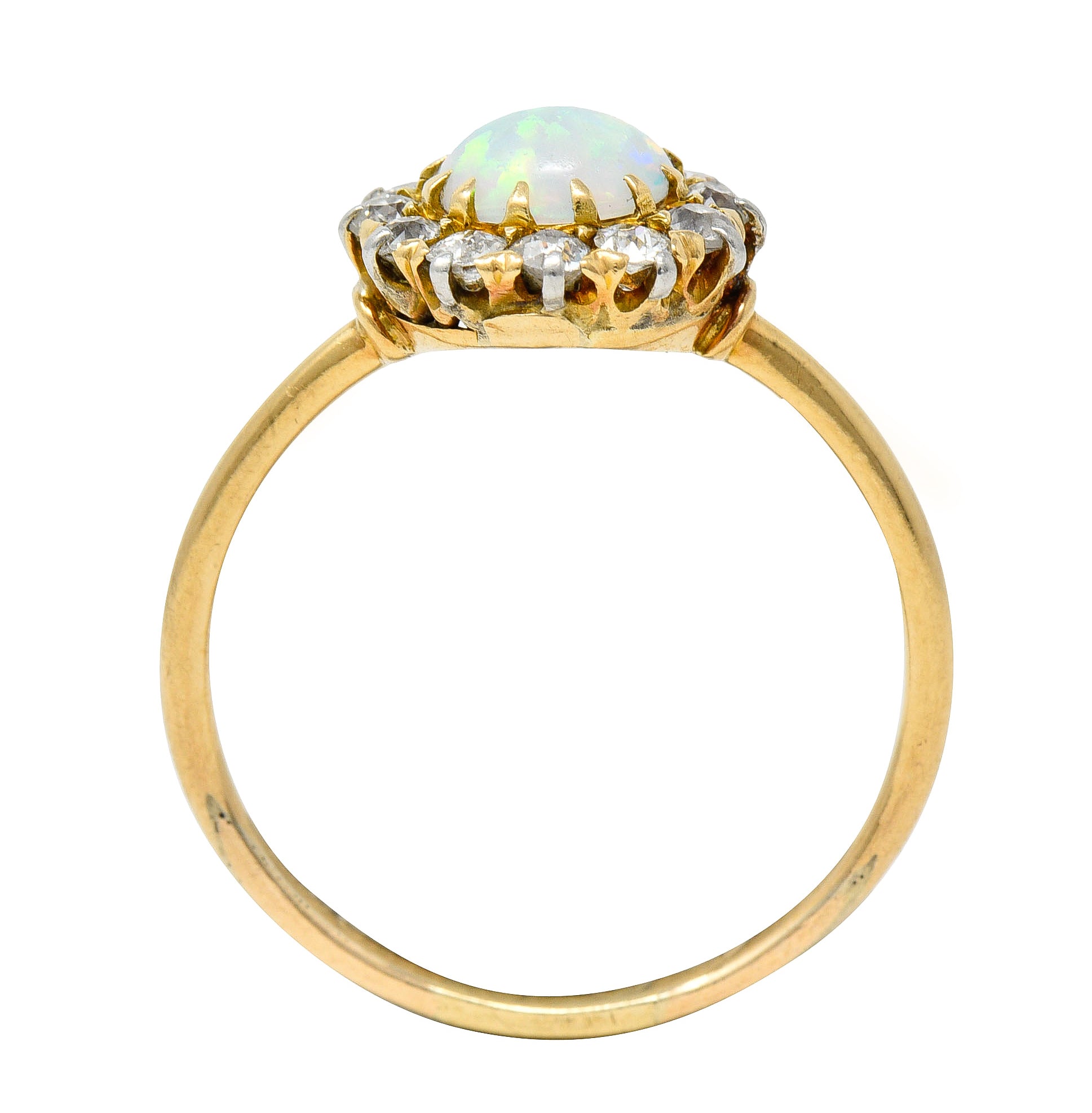 Edwardian Opal Cabochon Old European Cut Diamond Platinum-Topped 18 Karat Yellow Gold Antique Halo Ring Wilson's Estate Jewelry