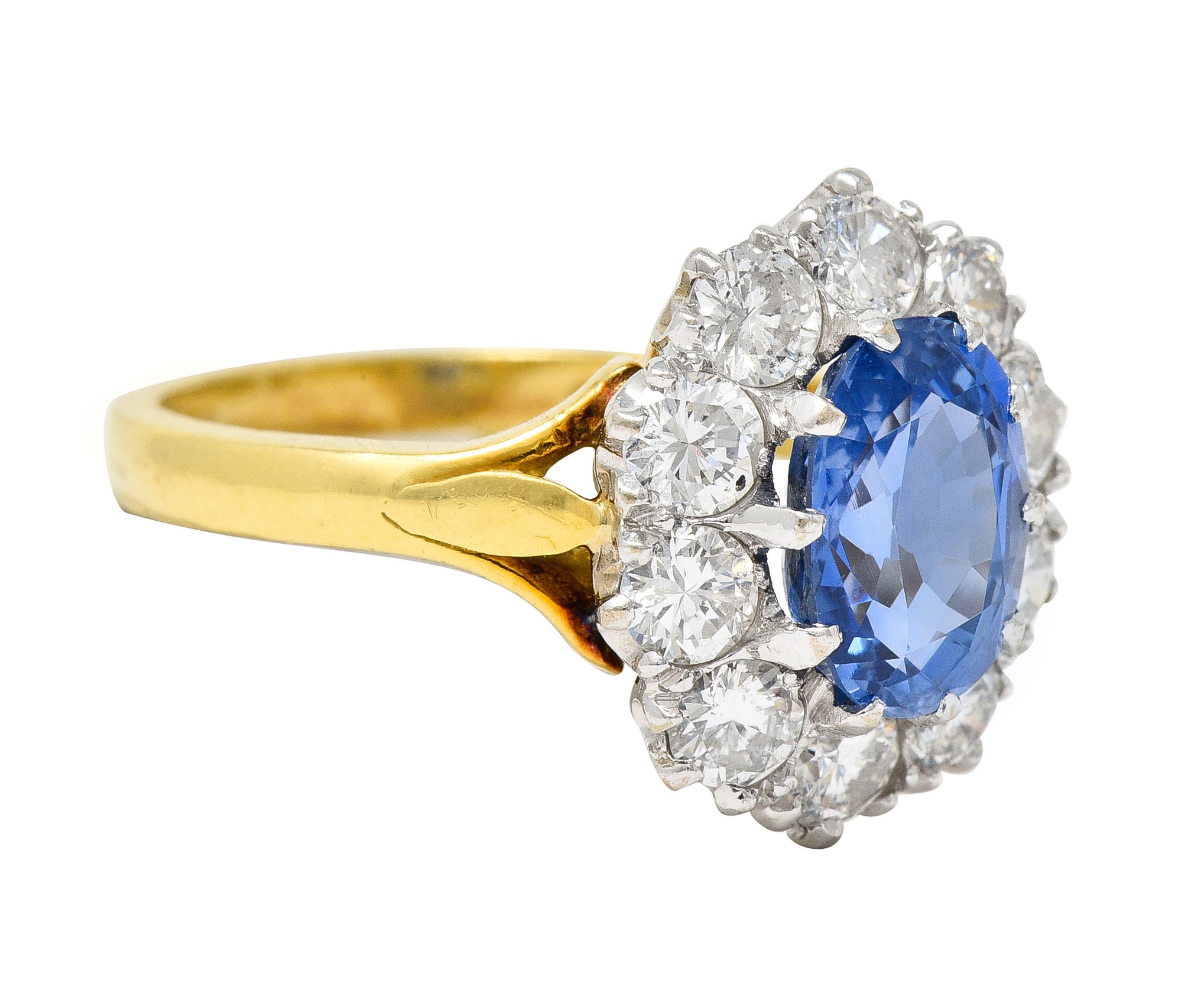 1980's 3.05 CTW Oval Cut No Heat Ceylon Sapphire Diamond 18 Karat Two-Tone Gold Vintage Halo Ring GIA Wilson's Estate Jewelry