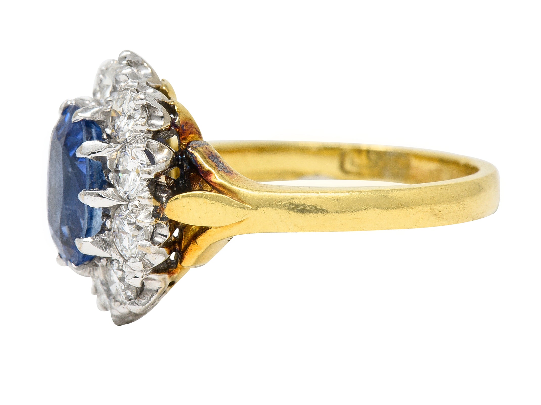 1980's 3.05 CTW Oval Cut No Heat Ceylon Sapphire Diamond 18 Karat Two-Tone Gold Vintage Halo Ring GIA Wilson's Estate Jewelry