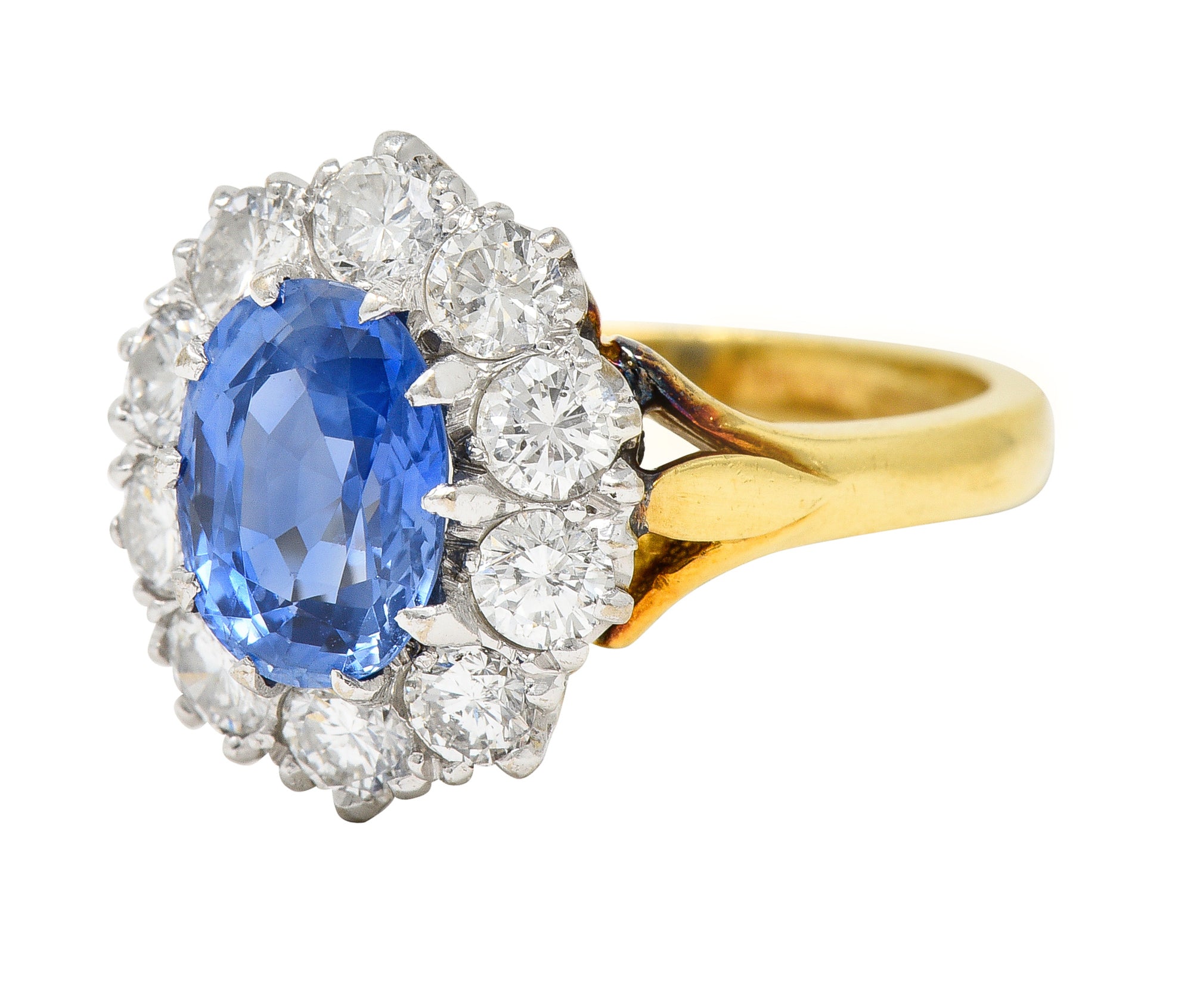 1980's 3.05 CTW Oval Cut No Heat Ceylon Sapphire Diamond 18 Karat Two-Tone Gold Vintage Halo Ring GIA Wilson's Estate Jewelry