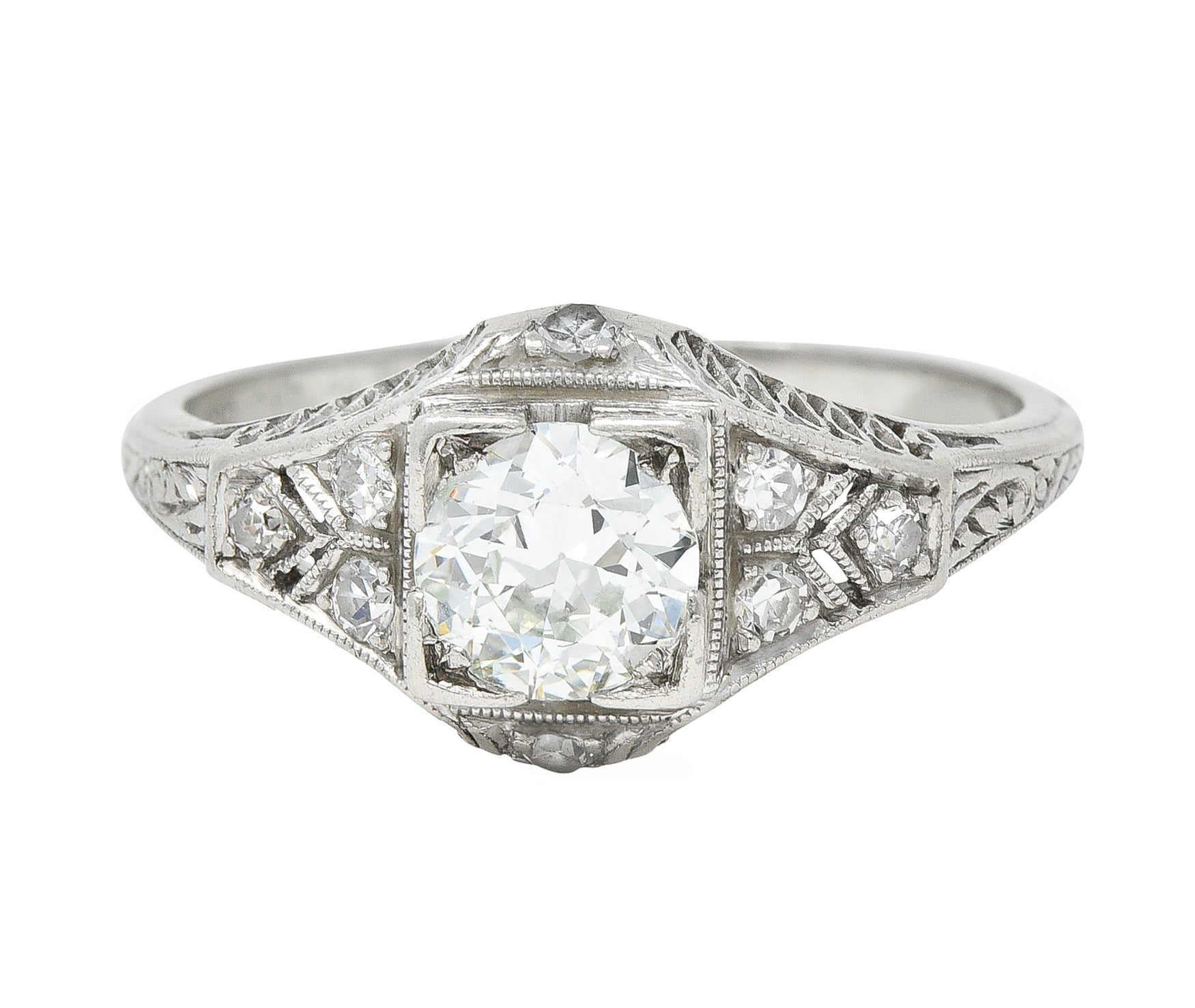 Art Deco 0.66 CTW Old European Cut Diamond Platinum Square Form Lattice Vintage Engagement Ring Wilson's Estate Jewelry