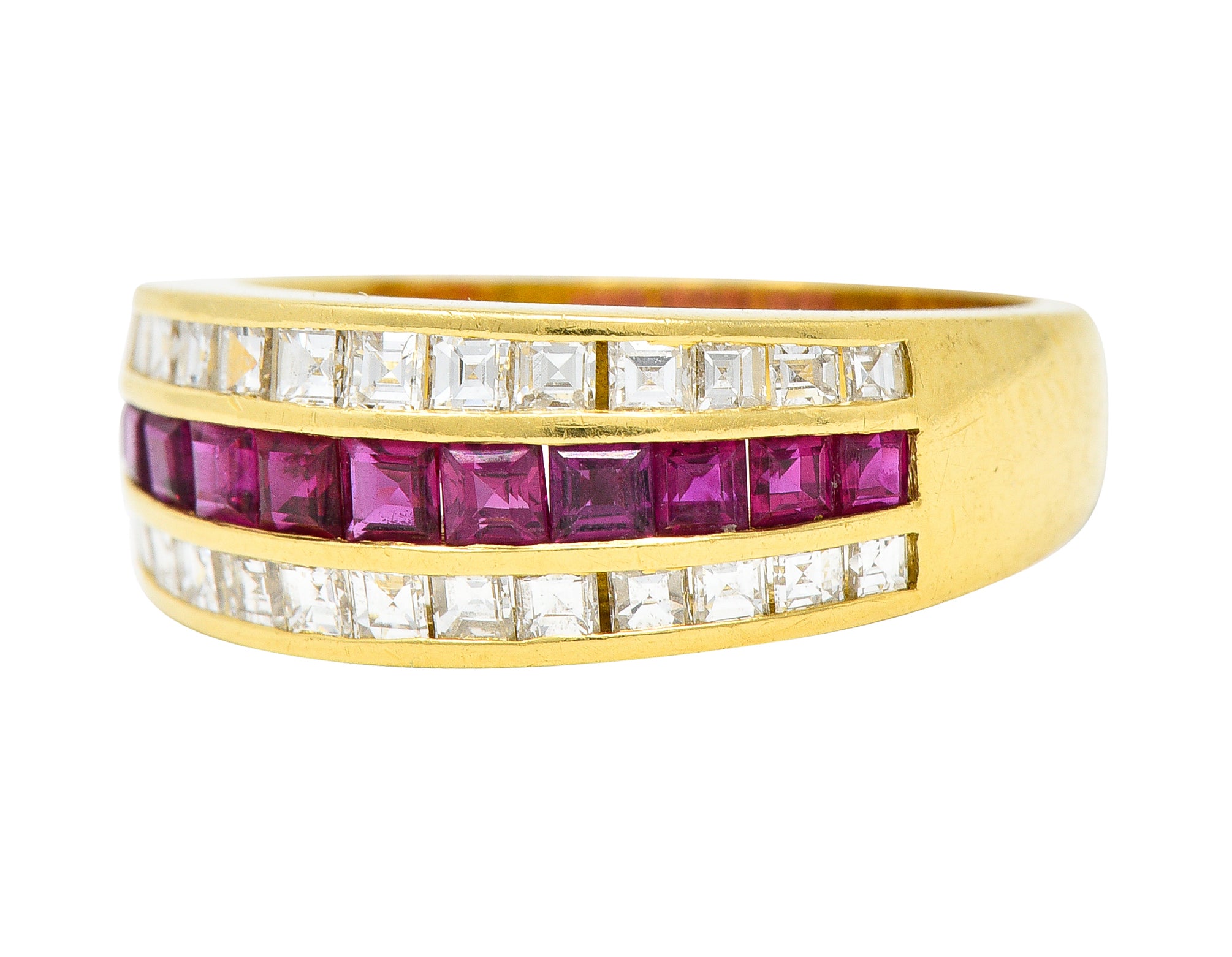 1.42 CTW Square Step-Cut Diamond Ruby 18 Karat Yellow Gold Vintage Channel Band Ring Wilson's Estate Jewelry