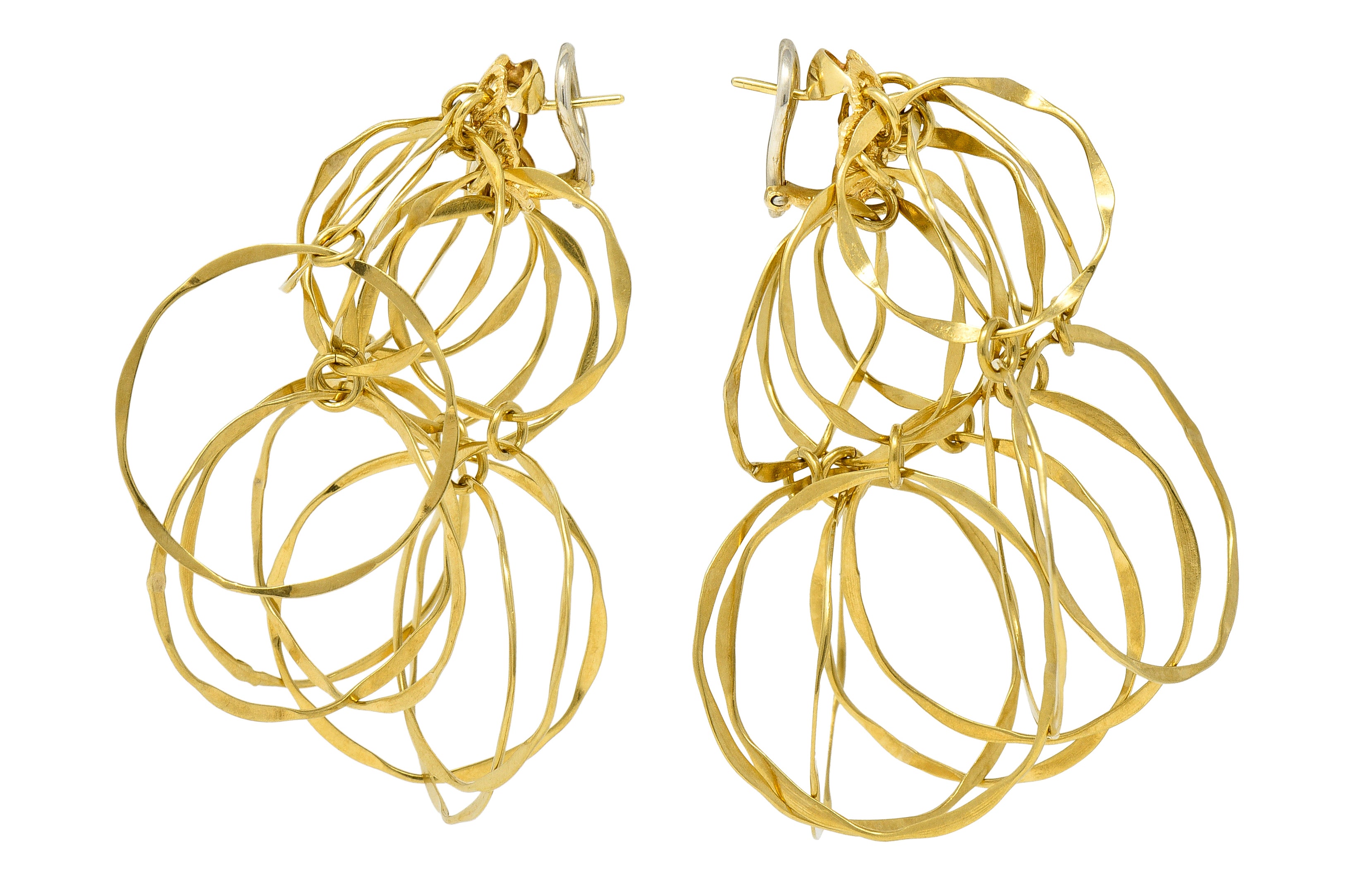 Cartier 1960's 18 Karat Yellow Gold Hammered Multi-Hoop Tiered Vintage Modernist Earrings Wilson's Estate Jewelry