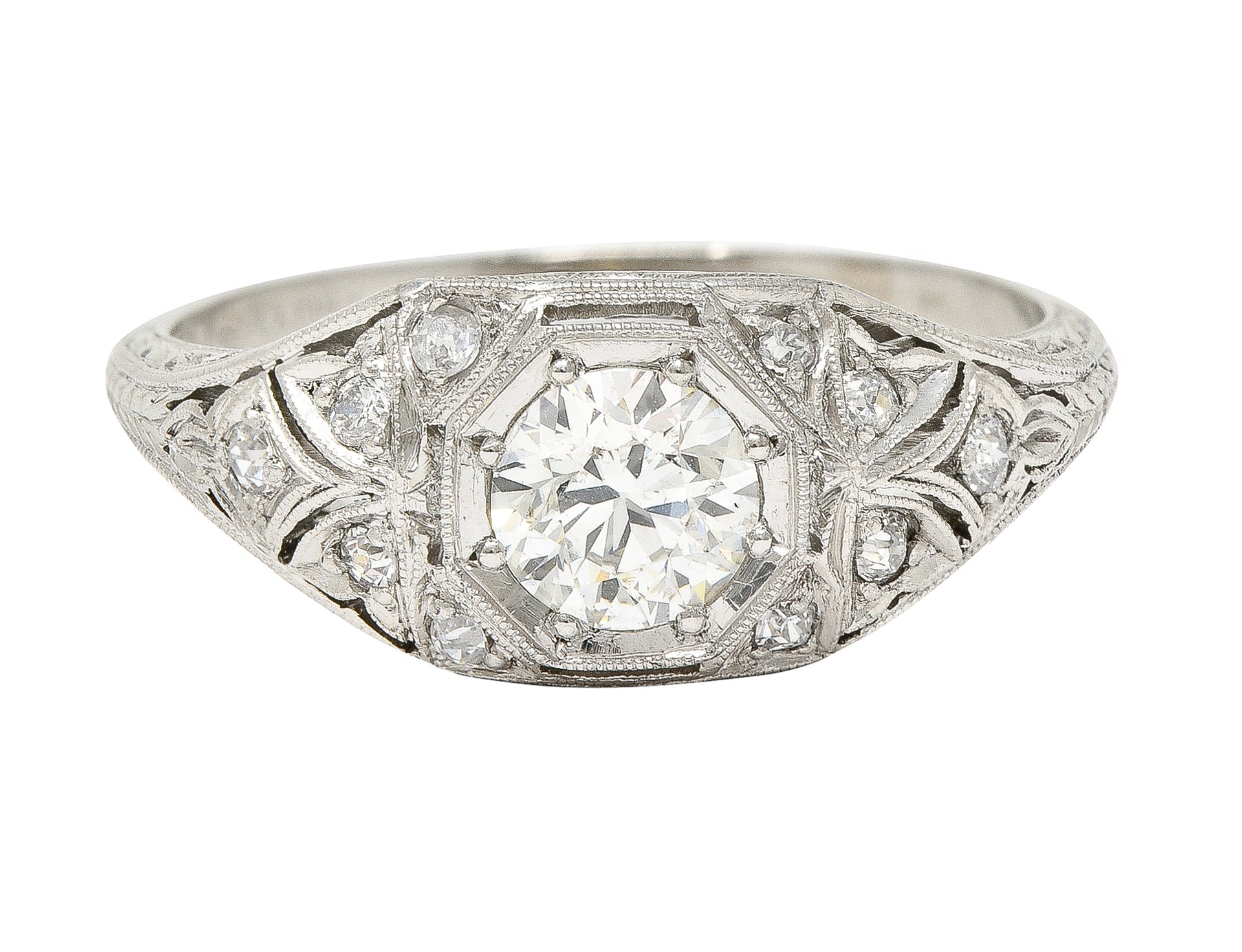 Katz & Ogush Inc. Art Deco 0.71 CTW old European Cut Diamond Platinum Octagonal Foliate Engagement Ring Wilson's Estate Jewelry