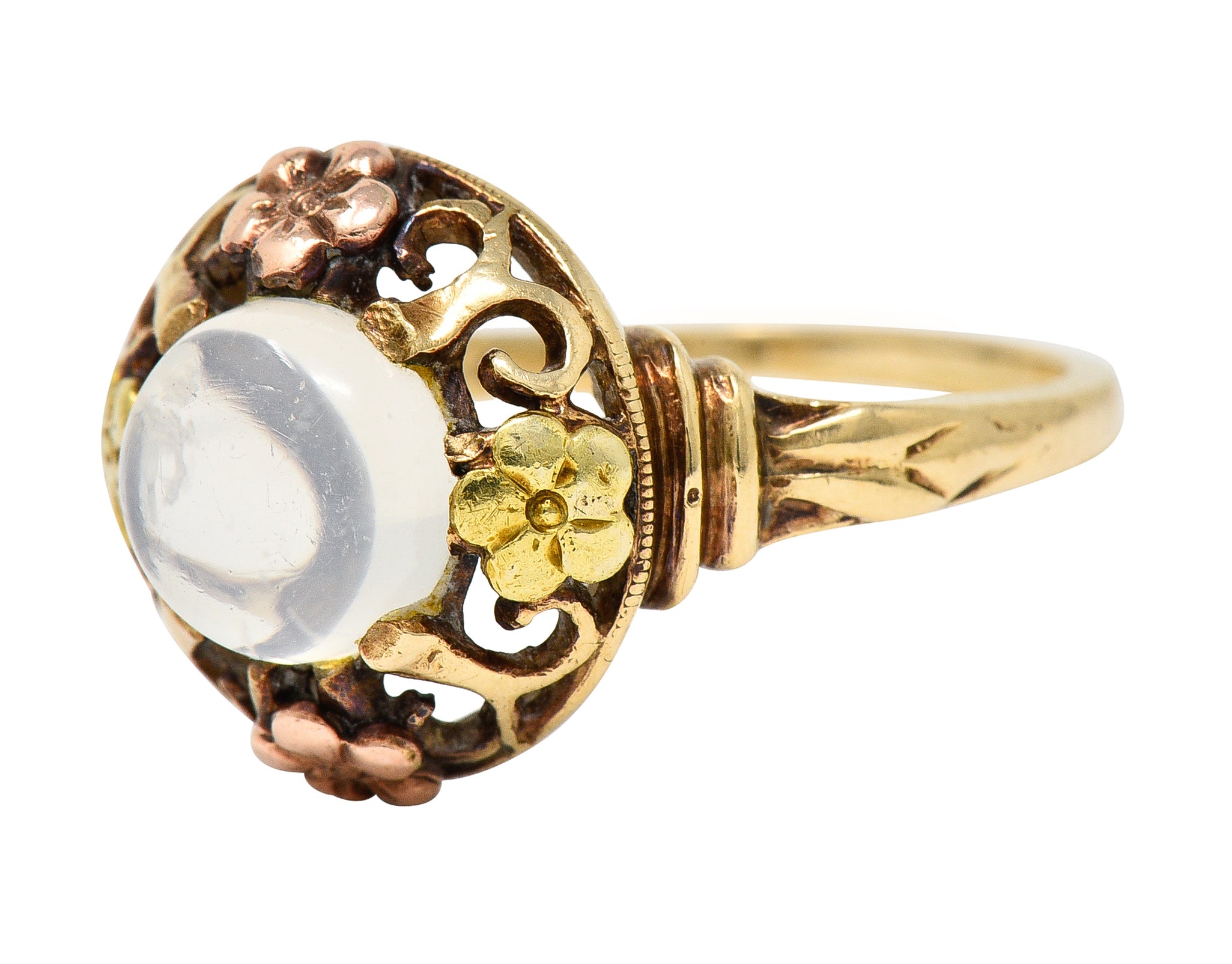 Arts & Crafts Moonstone Cabochon 14 Karat Tri-Colored Gold Floral Whiplash Antique Ring Wilson's Estate Jewelry