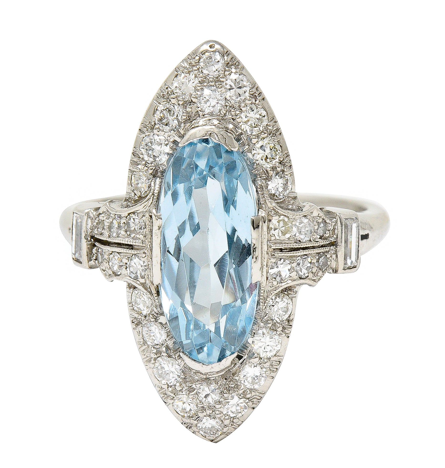 Art Deco 4.10 CTW Aquamarine Diamond Platinum Navette Cluster Dinner Ring Wilson's Estate Jewelry