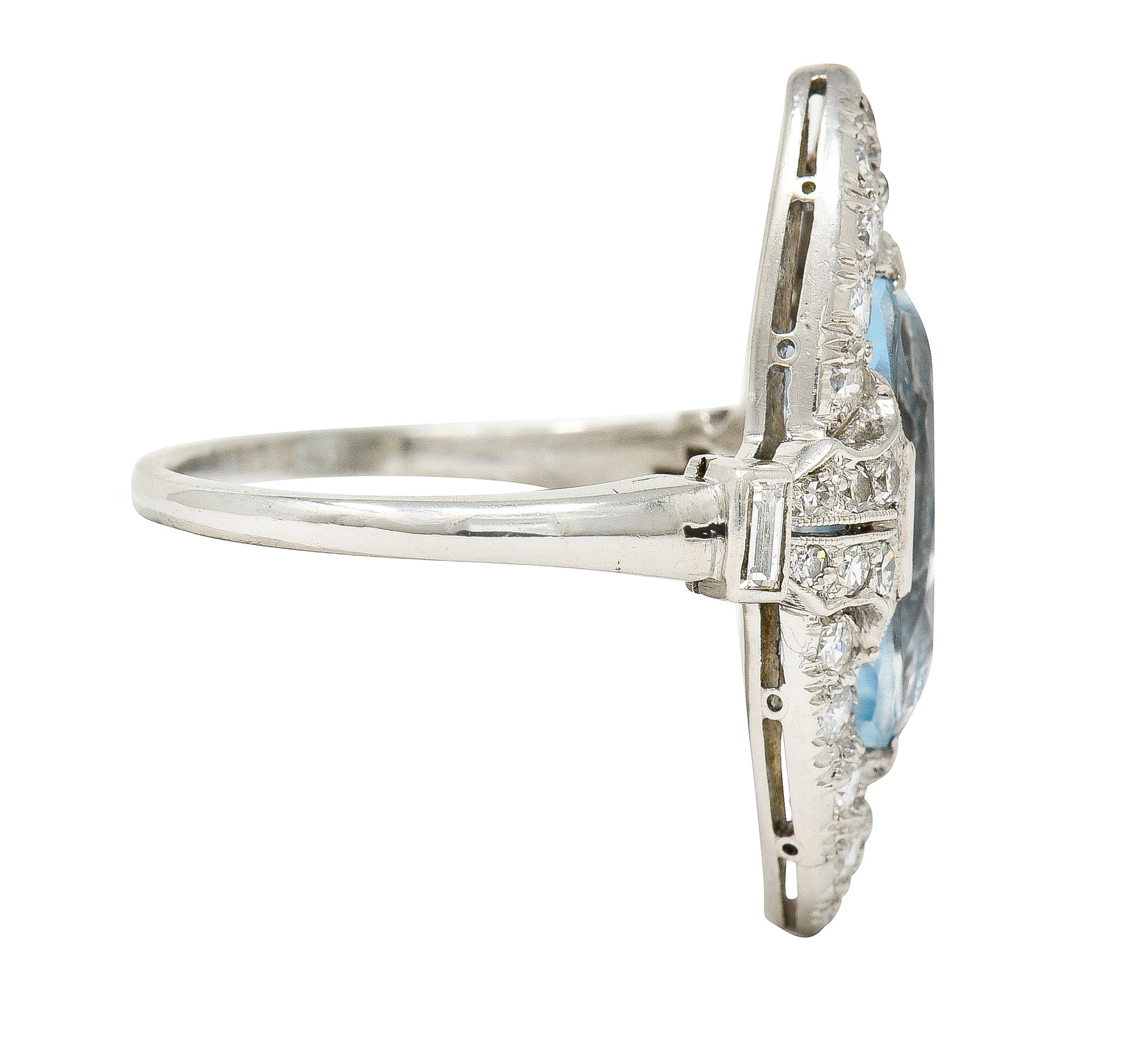 Art Deco 4.10 CTW Aquamarine Diamond Platinum Navette Cluster Dinner Ring Wilson's Estate Jewelry