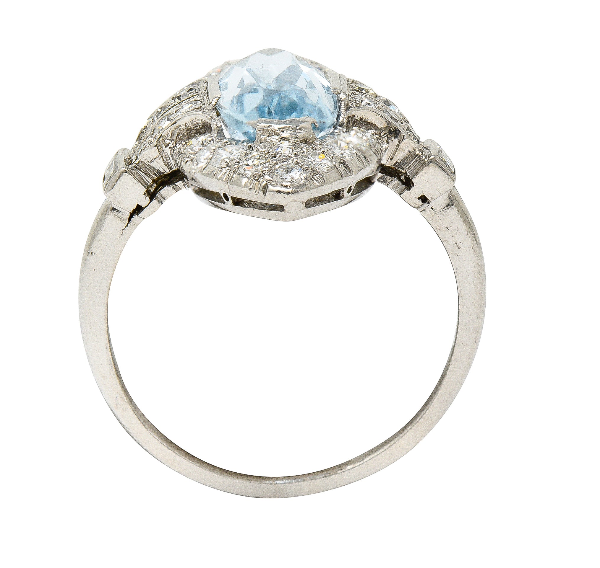 Art Deco 4.10 CTW Aquamarine Diamond Platinum Navette Cluster Dinner Ring Wilson's Estate Jewelry