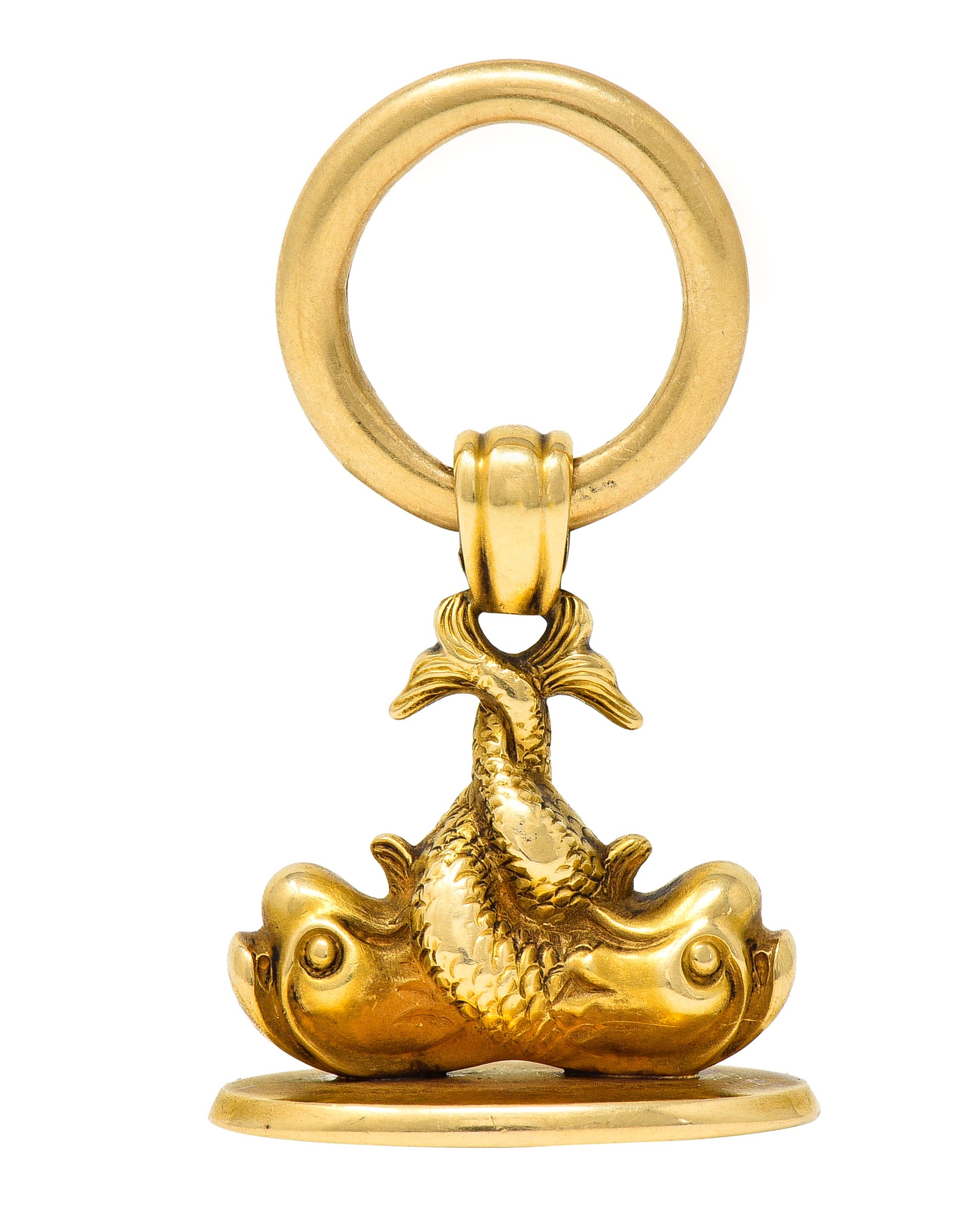 Victorian 14 Karat Yellow Gold Entwined Fish Antique Pisces Zodiac 'S' Fob Pendant Wilson's Estate Jewelry