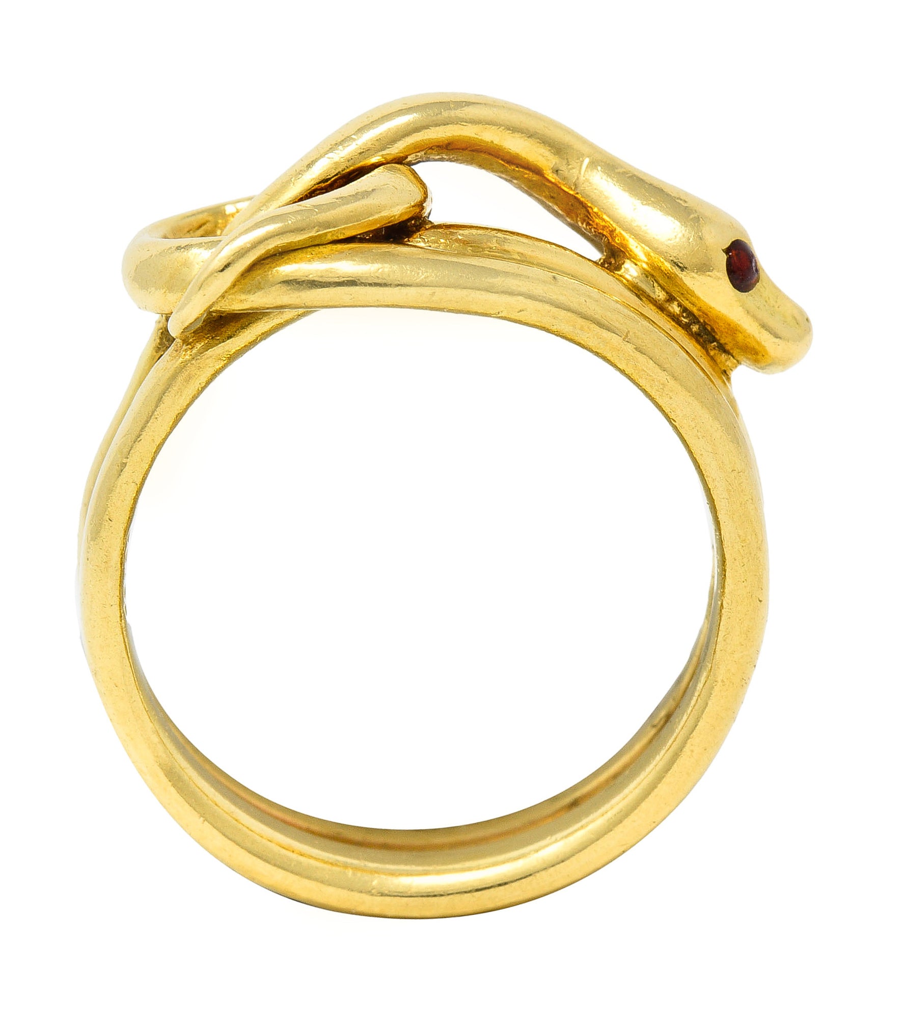 David Webb 1970's Ruby 18 Karat Yellow Gold Knotted Snake Vintage Band Ring Wilson's Estate Jewelry