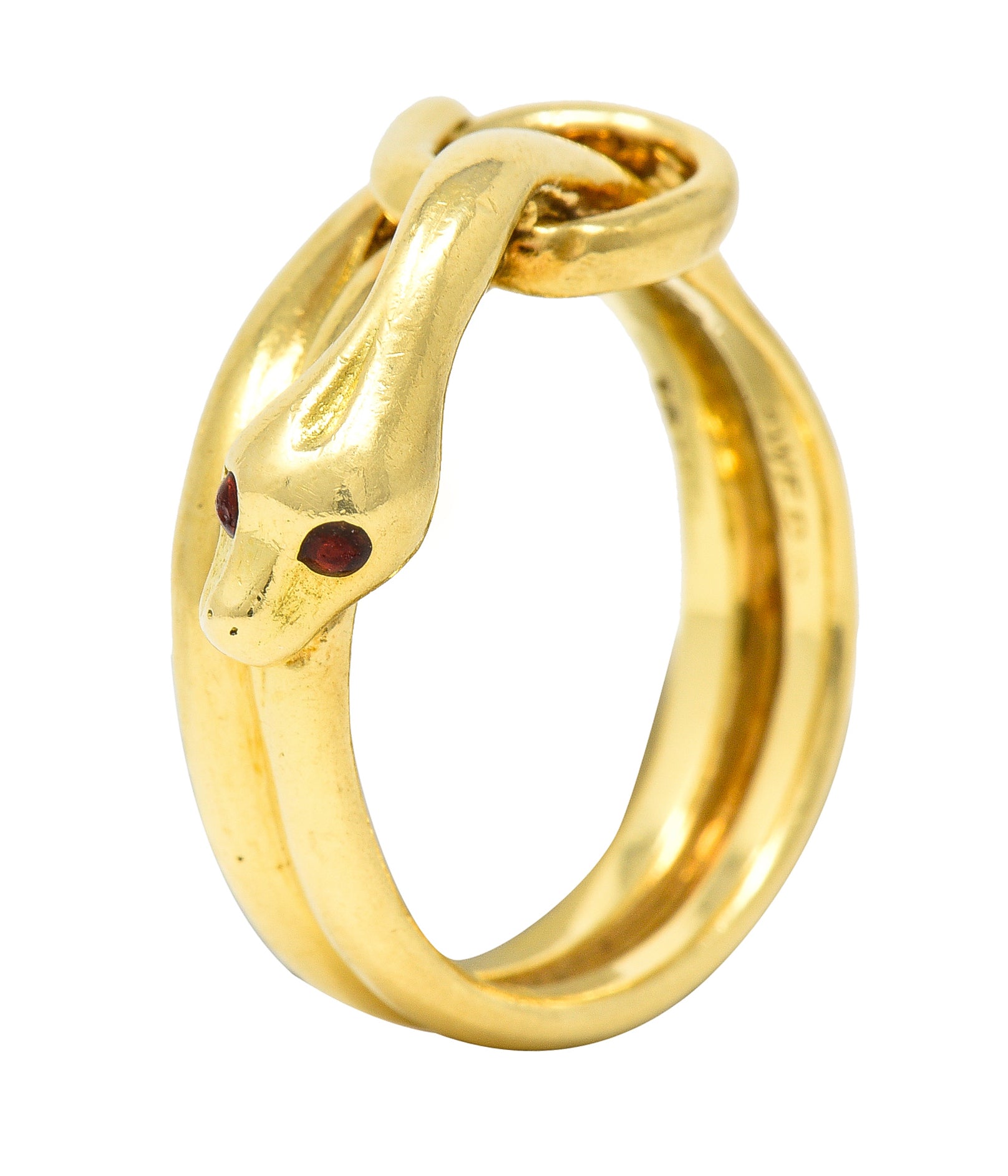 David Webb 1970's Ruby 18 Karat Yellow Gold Knotted Snake Vintage Band Ring Wilson's Estate Jewelry