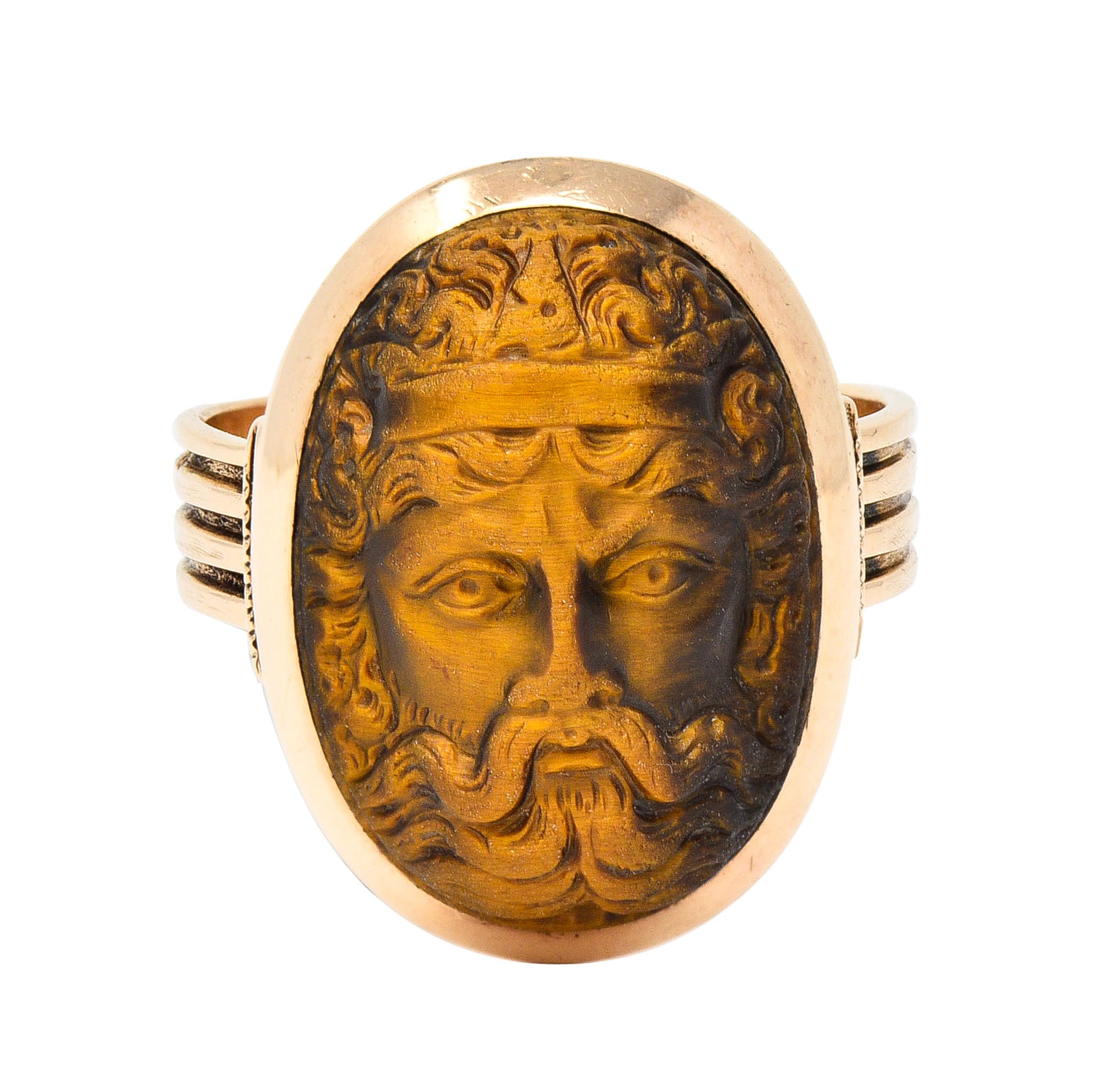 Victorian Tiger's Eye 14 Karat Rose Gold Carved Hercules Cameo Antique Unisex Ring Wilson's Estate Jewelry