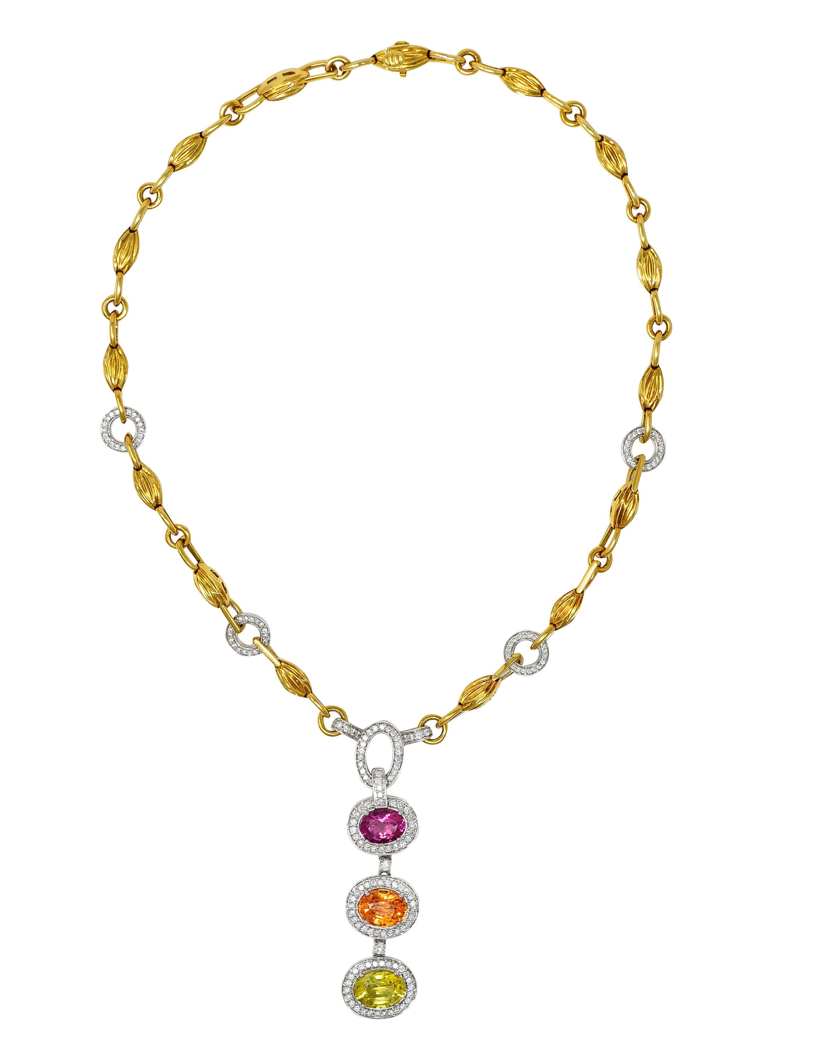 Spark Creations Diamond Tourmaline Chrysoberyl Spessartite Garnet 18 Karat Two-Tone Gold Station Drop Necklace Wilson's Estate Jewelry