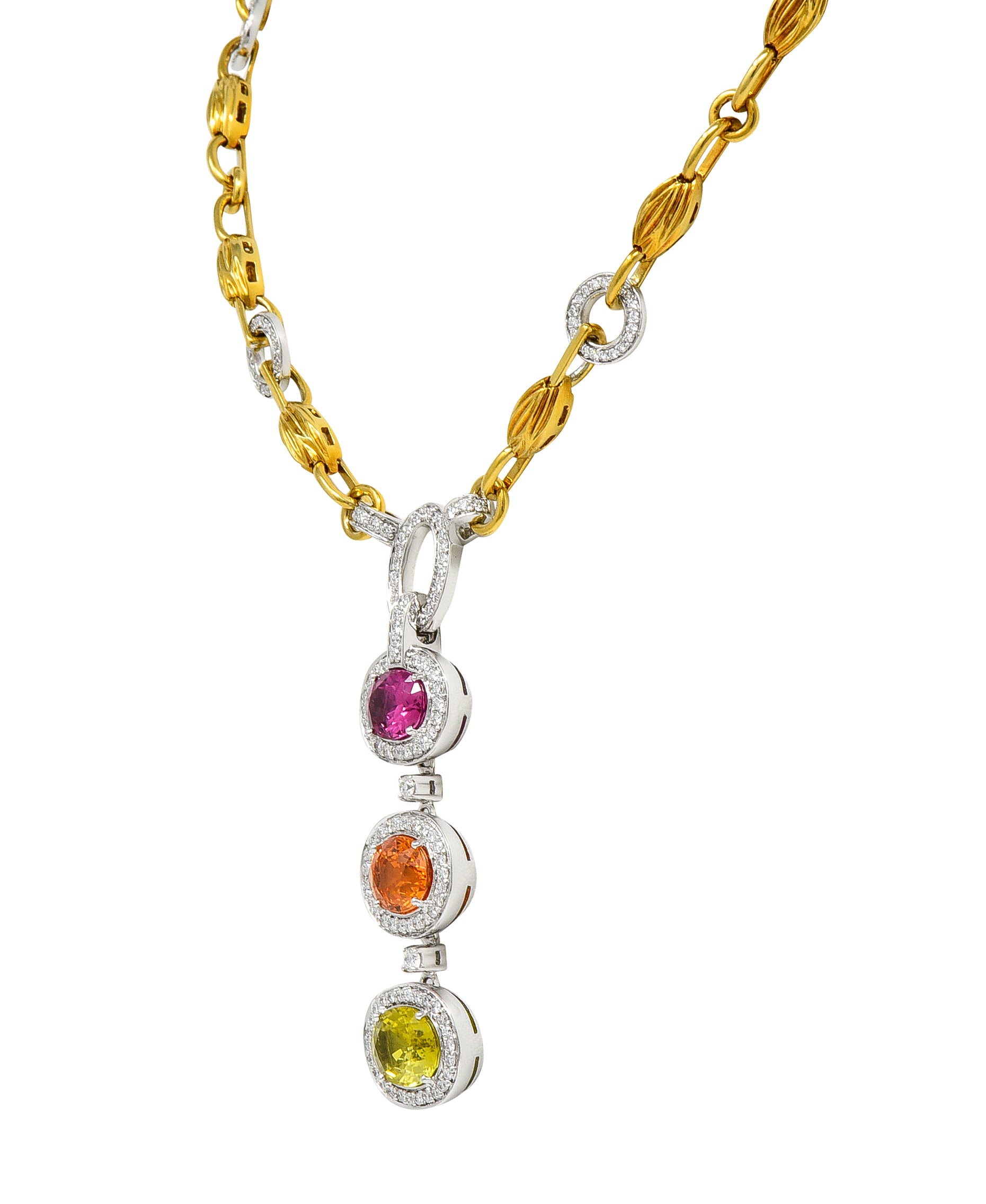 Spark Creations Diamond Tourmaline Chrysoberyl Spessartite Garnet 18 Karat Two-Tone Gold Station Drop Necklace Wilson's Estate Jewelry