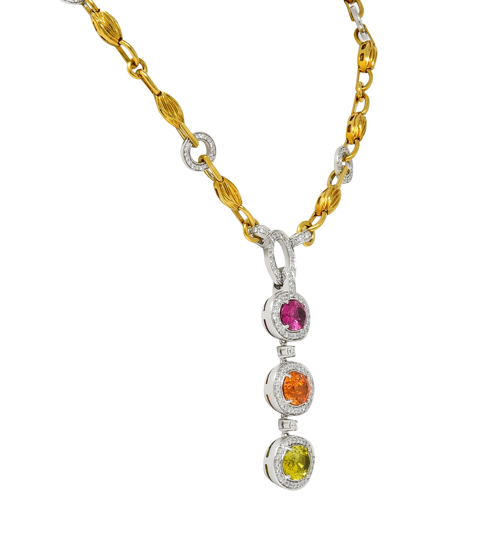 Spark Creations Diamond Tourmaline Chrysoberyl Spessartite Garnet 18 Karat Two-Tone Gold Station Drop Necklace Wilson's Estate Jewelry