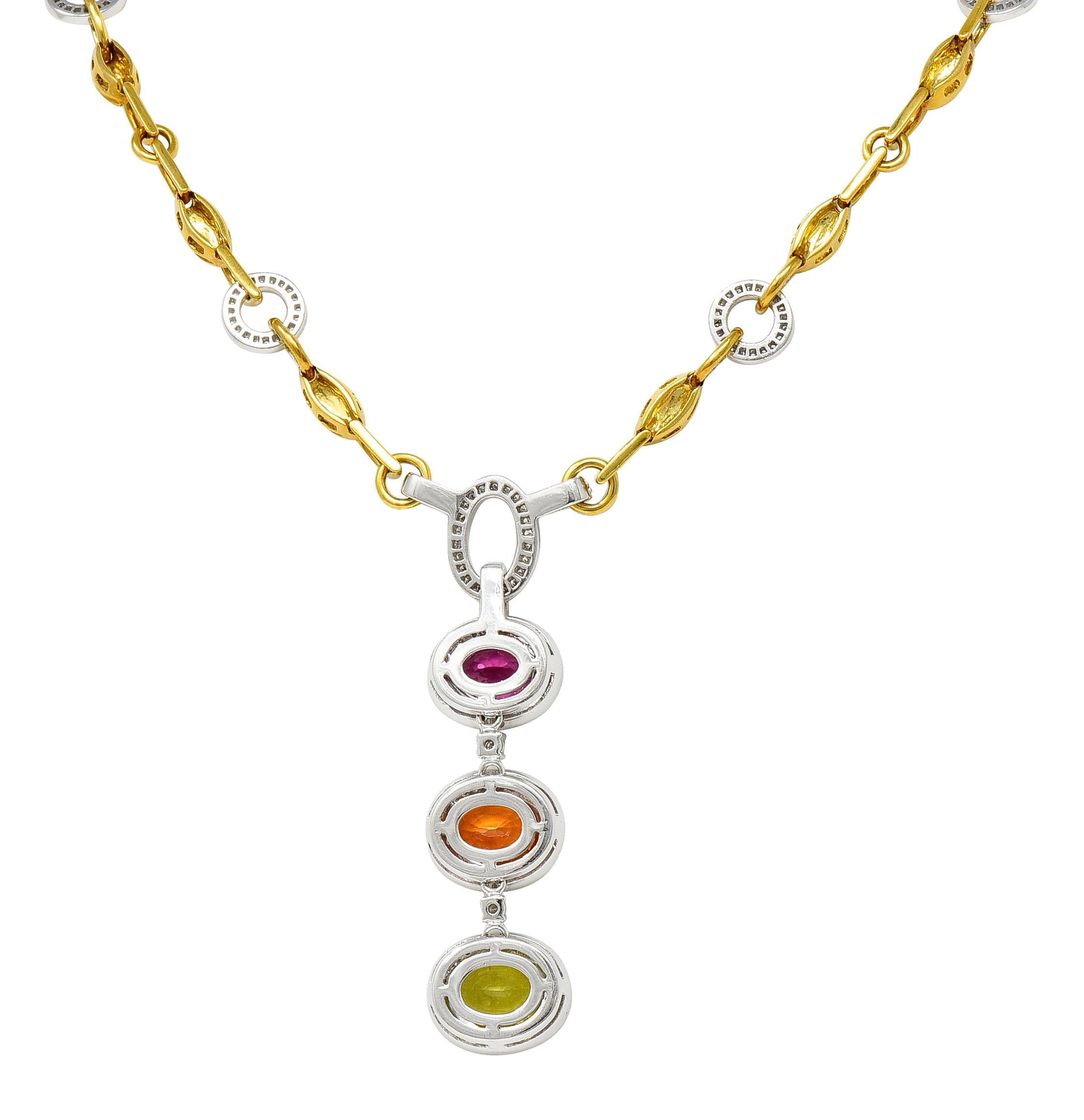 Spark Creations Diamond Tourmaline Chrysoberyl Spessartite Garnet 18 Karat Two-Tone Gold Station Drop Necklace Wilson's Estate Jewelry