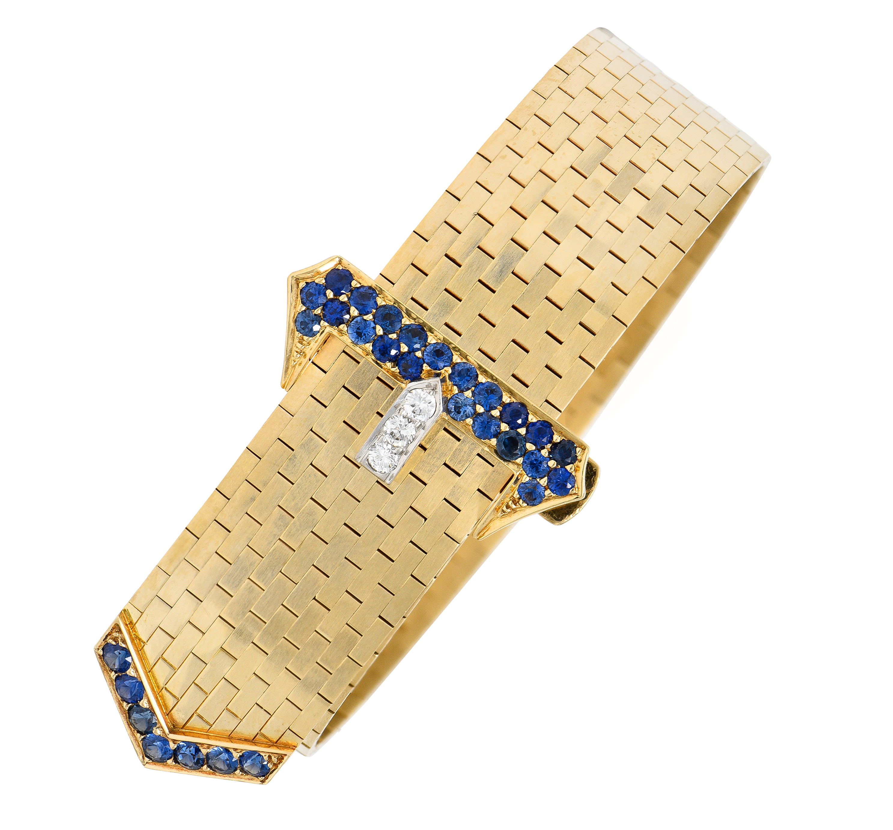 Tiffany & Co. Sapphire Diamond Platinum 14 Karat Yellow Gold Woven Mesh Belt Buckle Vintage Bracelet Wilson's Estate Jewelry