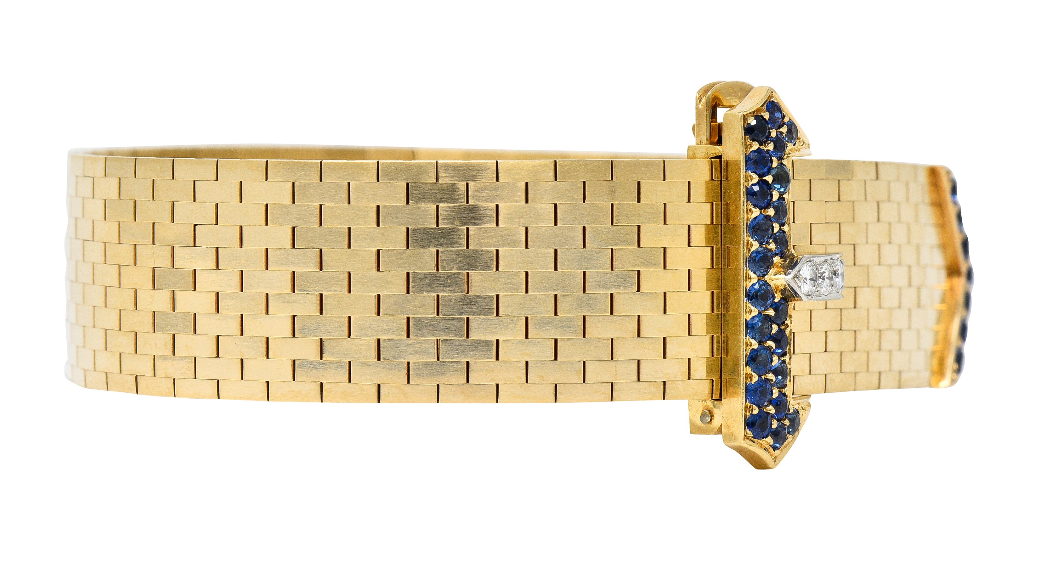 Tiffany & Co. Sapphire Diamond Platinum 14 Karat Yellow Gold Woven Mesh Belt Buckle Vintage Bracelet Wilson's Estate Jewelry