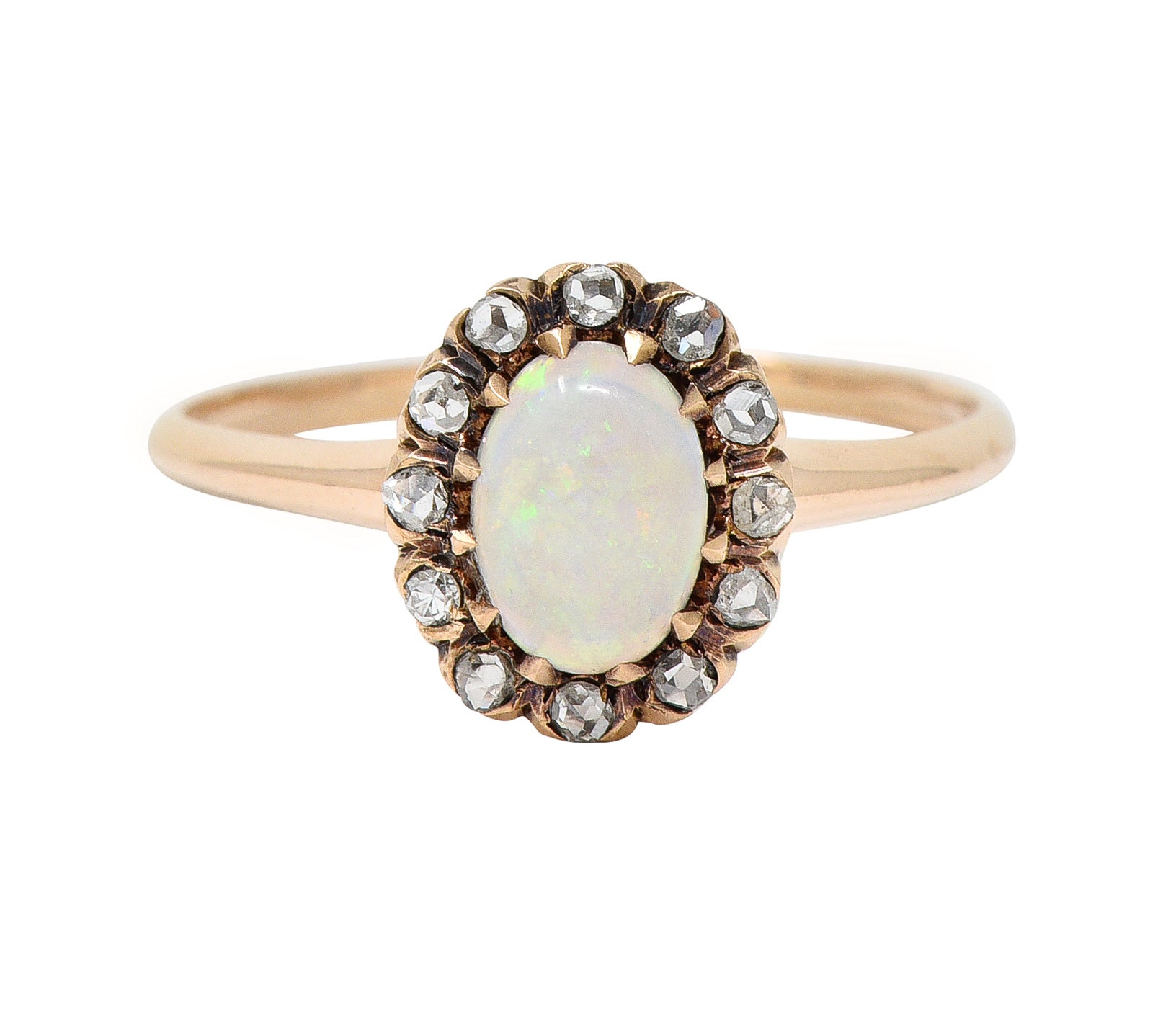 .11111 Victorian Opal Cabochon Diamond 14 Karat Rose Gold Antique Halo Ring Wilson's Estate Jewelry