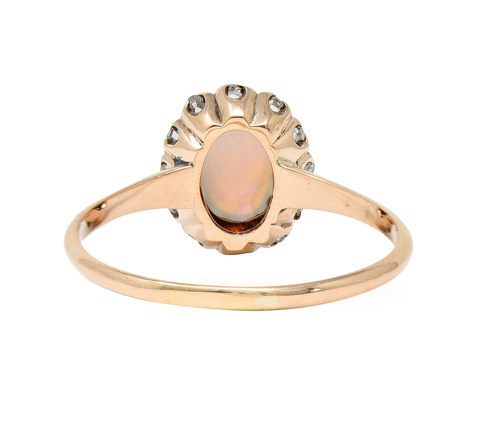 .11111 Victorian Opal Cabochon Diamond 14 Karat Rose Gold Antique Halo Ring Wilson's Estate Jewelry