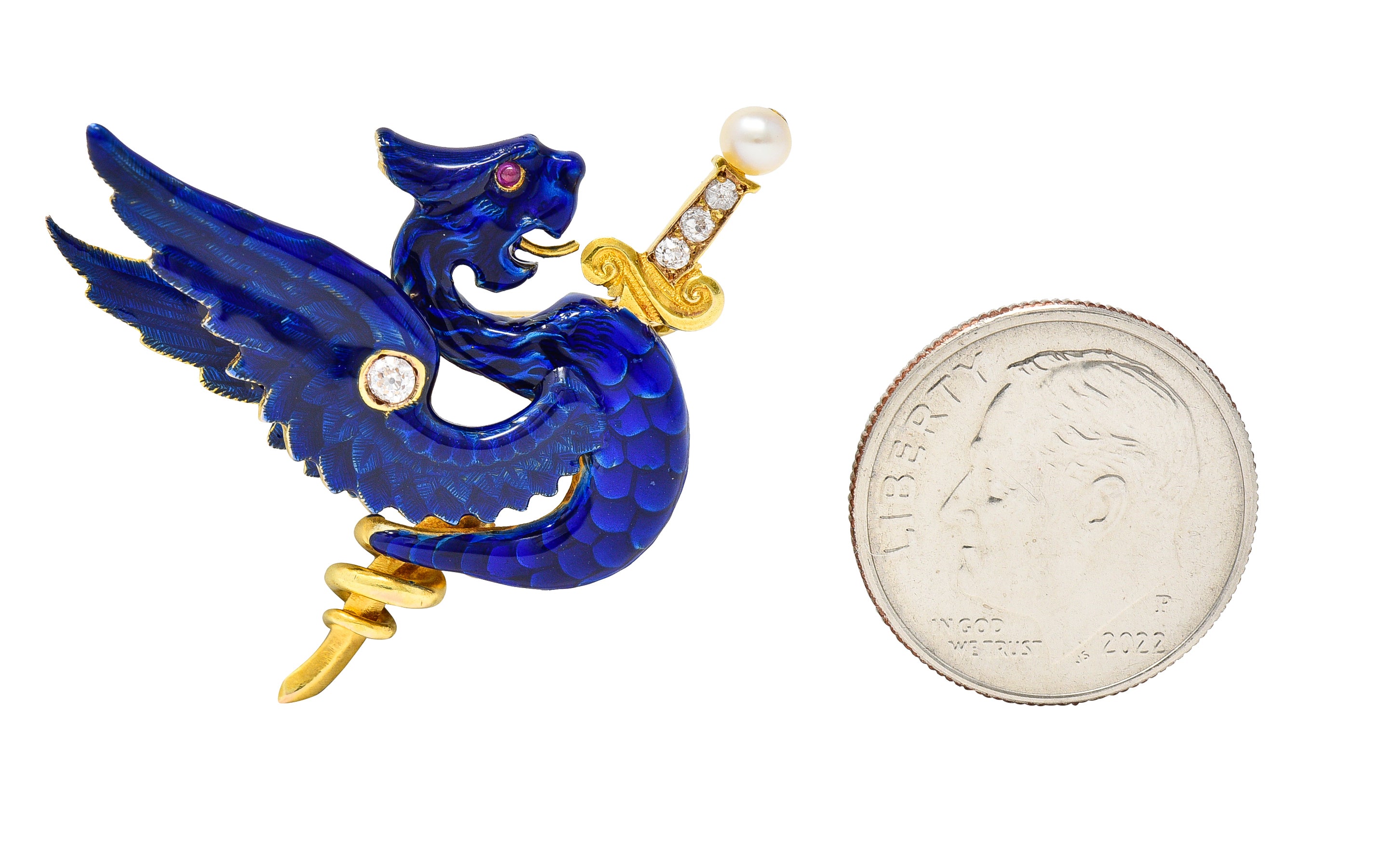 Riker Bros Art Nouveau Diamond Pearl Ruby Blue Enamel 14 Karat Gold Wyvern Serpent Dragon Sword Antique Unisex Brooch Wilson's Estate Jewelry