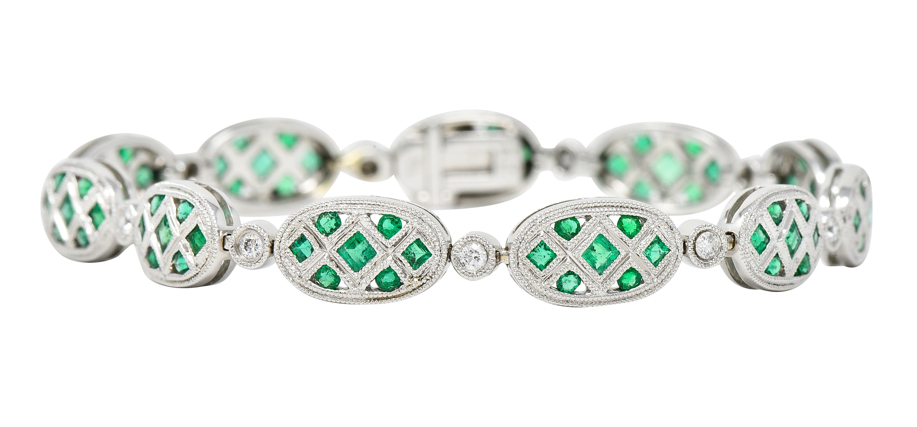 Contemporary 1.80 CTW Emerald Diamond 18 Karat White Gold Lattice Link Bracelet Wilson's Estate Jewelry