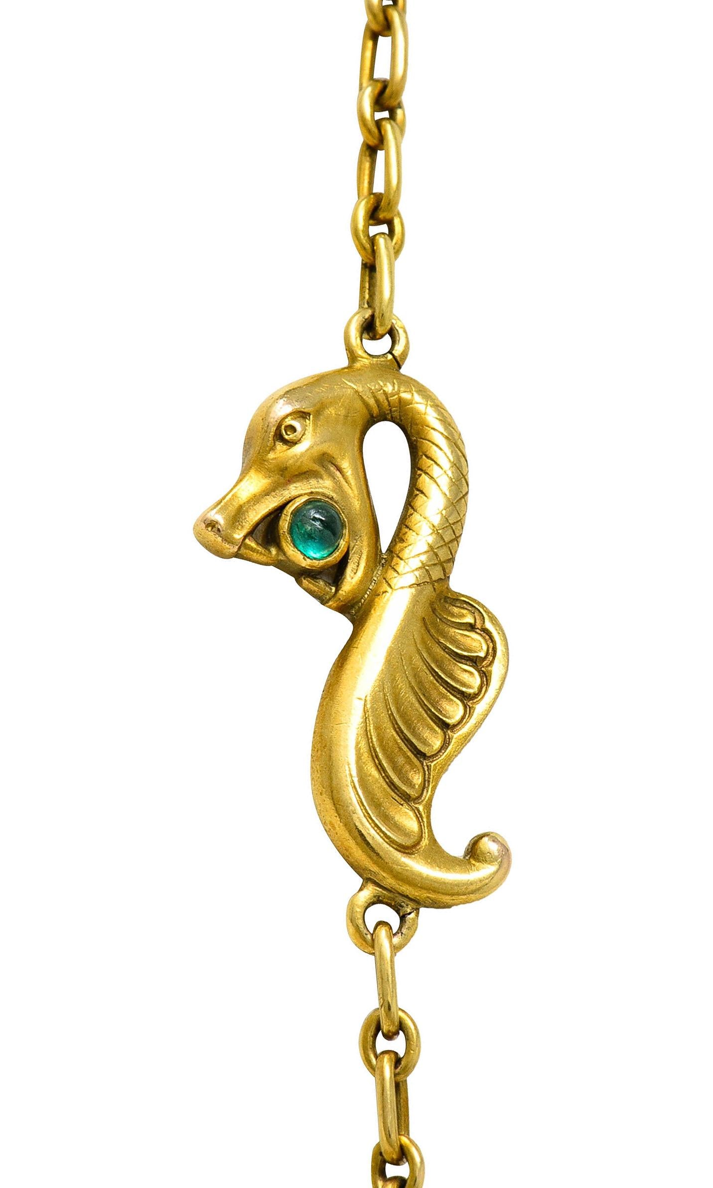 Art Nouveau Diamond Emerald Enamel Pearl 14 Karat Yellow Gold Serpent Necklace
