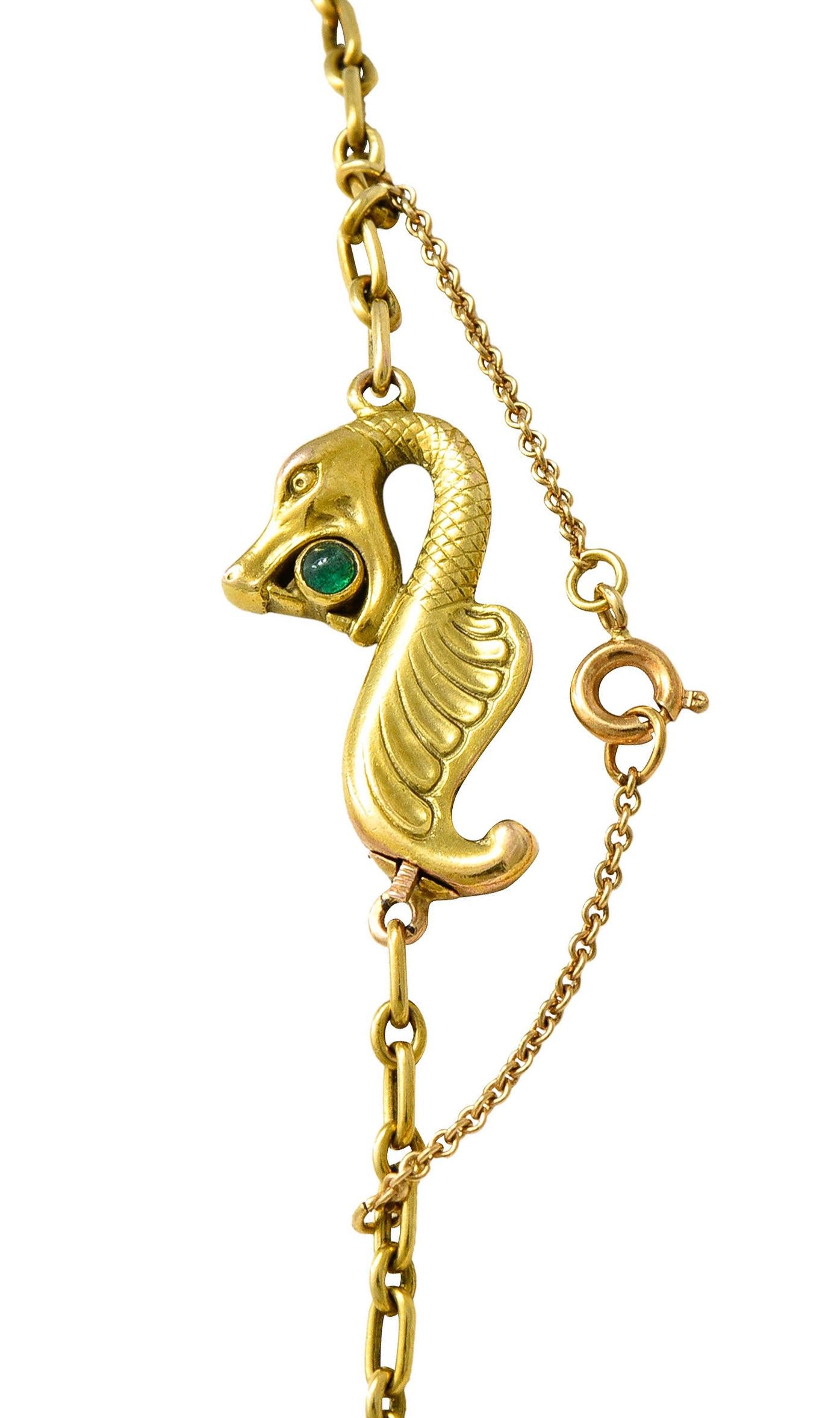 Art Nouveau Diamond Emerald Enamel Pearl 14 Karat Yellow Gold Serpent Necklace