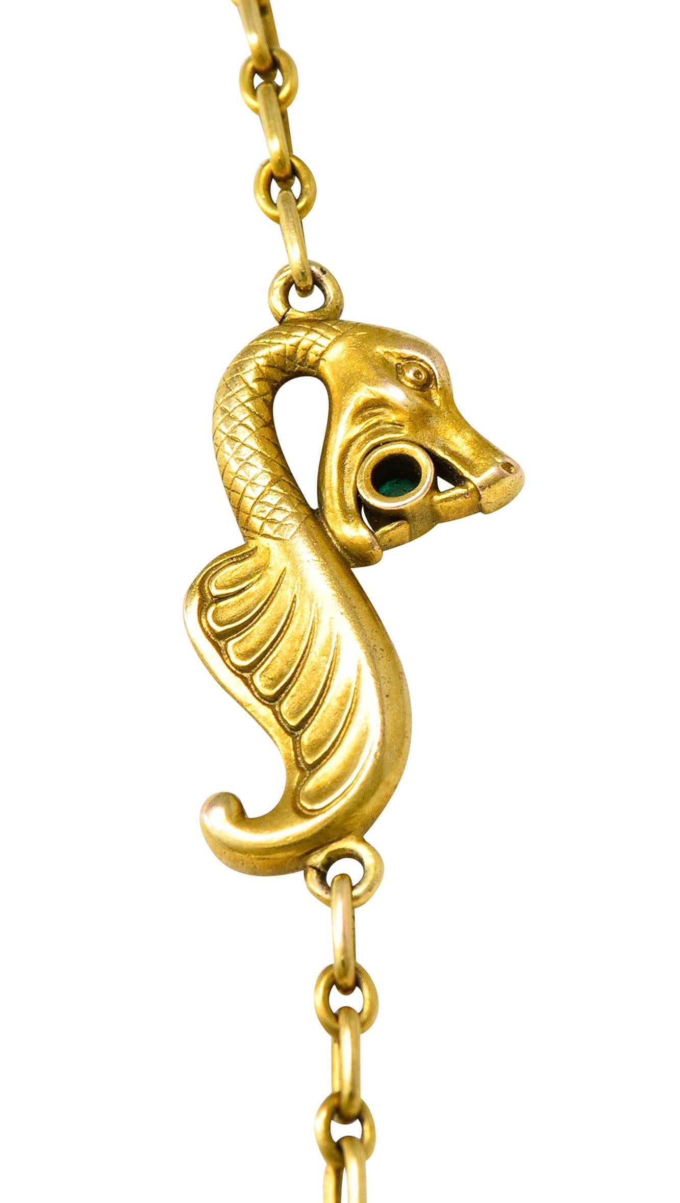 Art Nouveau Diamond Emerald Enamel Pearl 14 Karat Yellow Gold Serpent Necklace