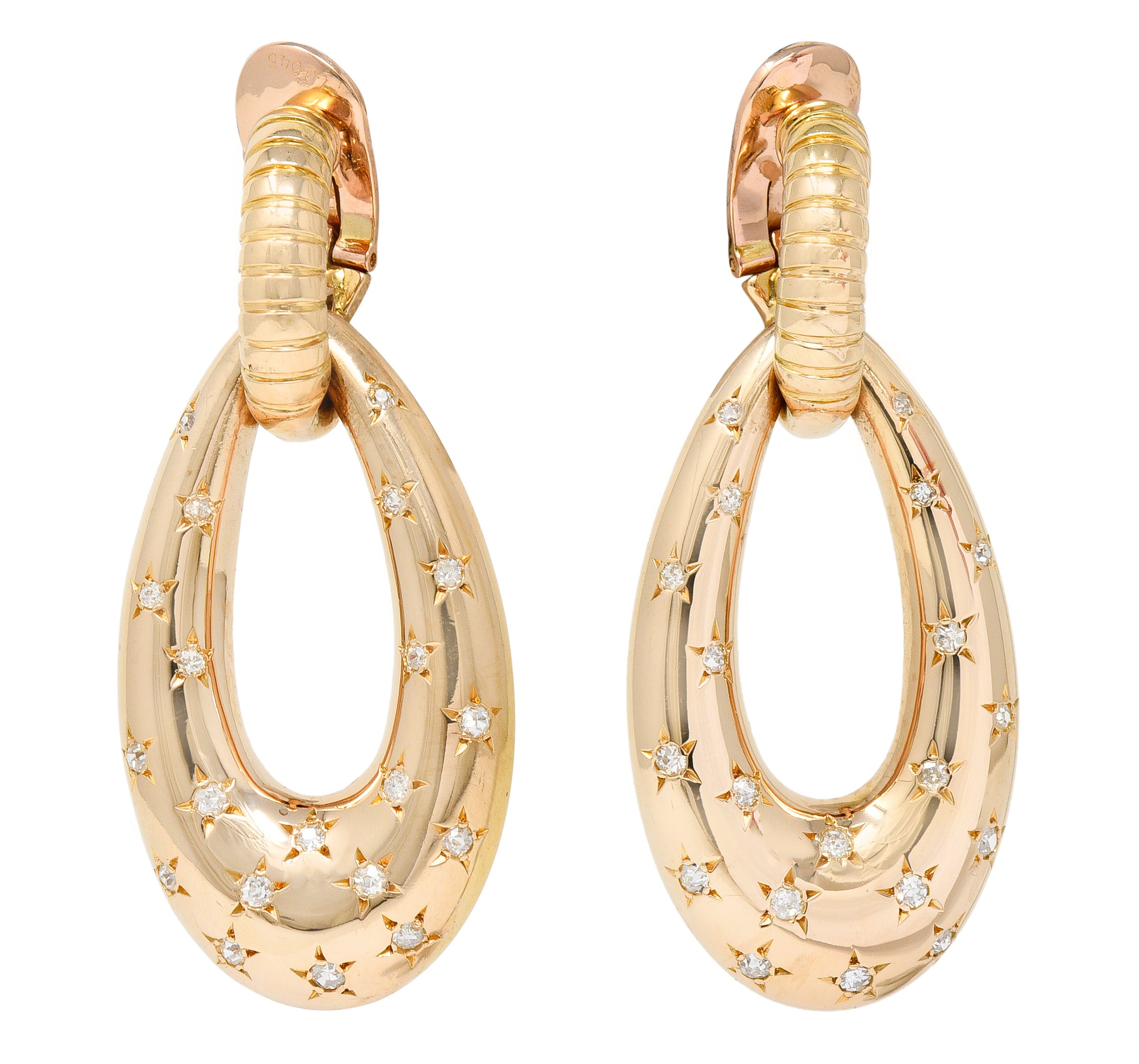 Mauboussin Paris Retro 1.10 CTW Diamond 18 Karat Rose Gold Star Gaspipe Vintage Ear-Clip Doorknocker Earrings Wilson's Estate Jewelry