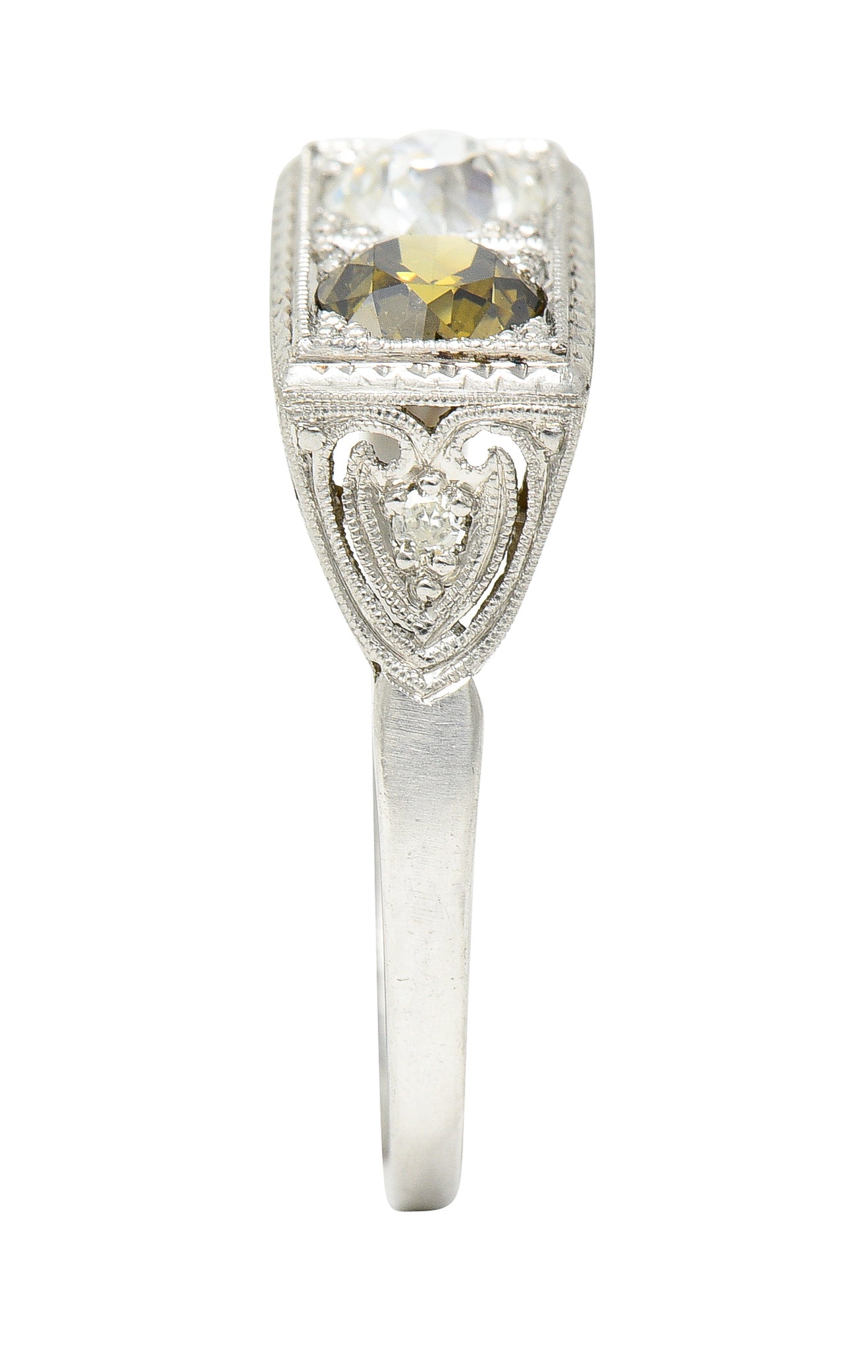 Art Deco 1.00 CTW Fancy Colored Diamond & Diamond Platinum Toi Et Moi Engagement Ring Wilson's Estate Jewelry