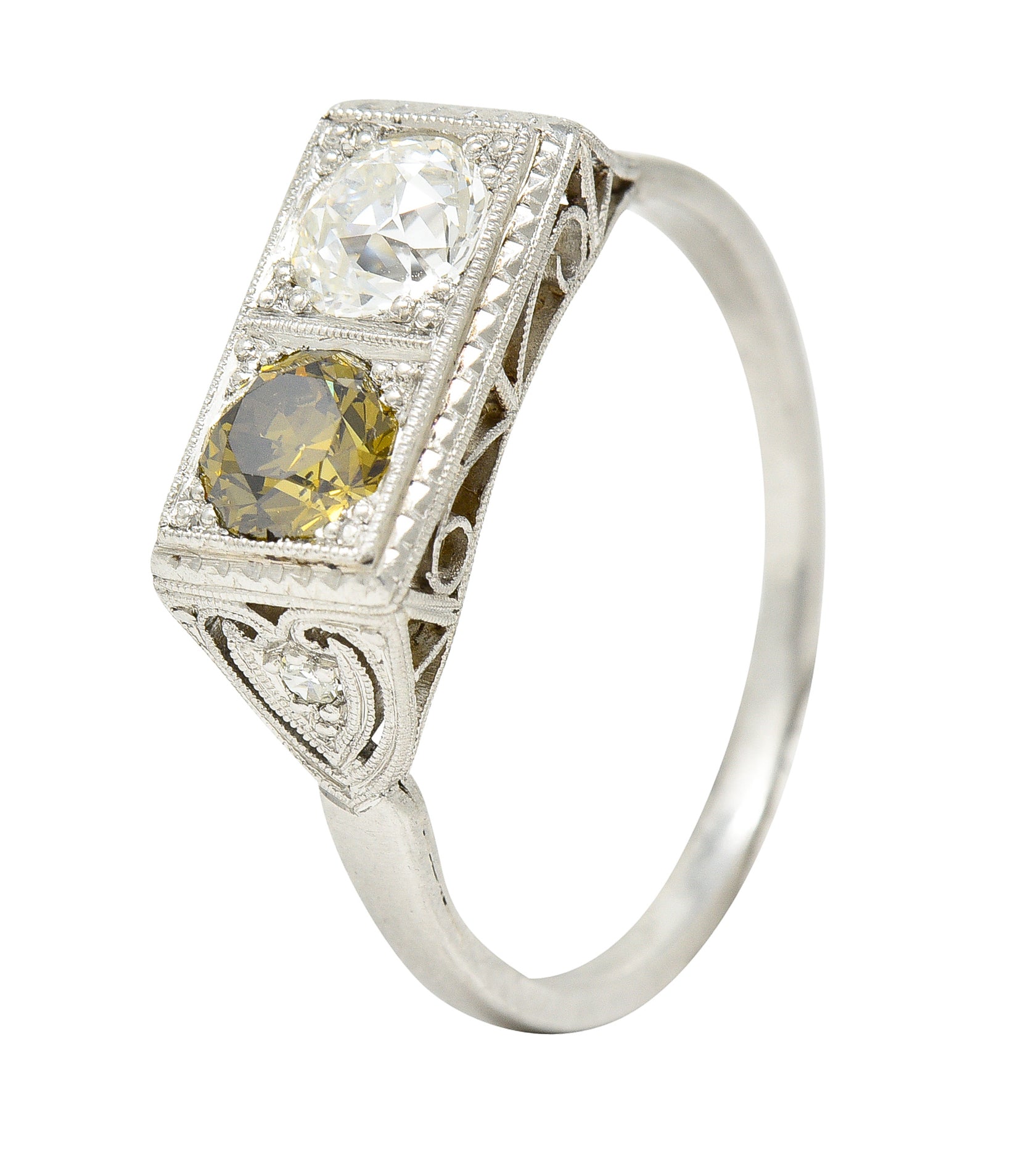 Art Deco 1.00 CTW Fancy Colored Diamond & Diamond Platinum Toi Et Moi Engagement Ring Wilson's Estate Jewelry