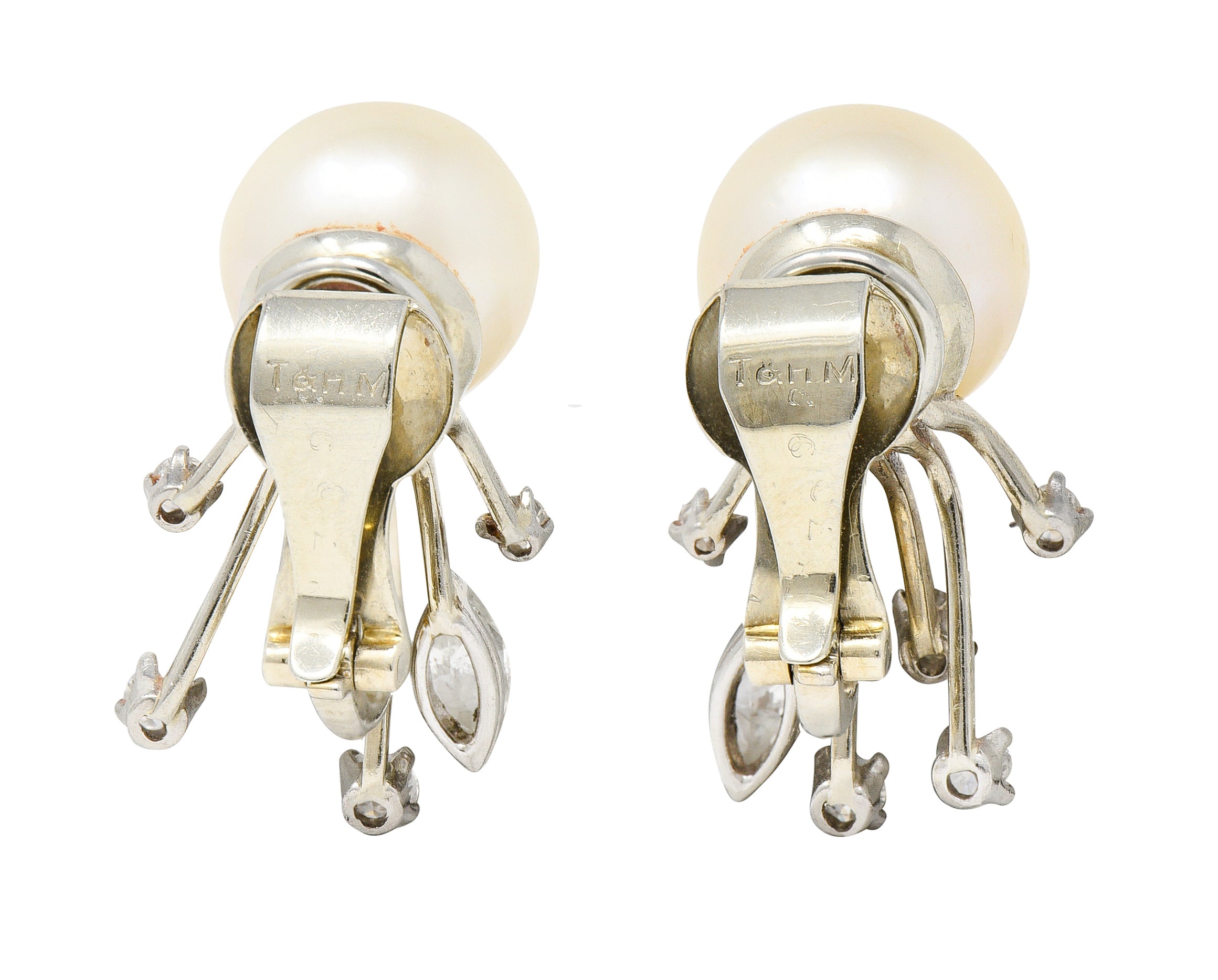 Trabert & Hoeffer Mid-Century Diamond South Sea Pearl Platinum Burst Vintage Ear-Clip Earrings Wilson's Estate Jewelry