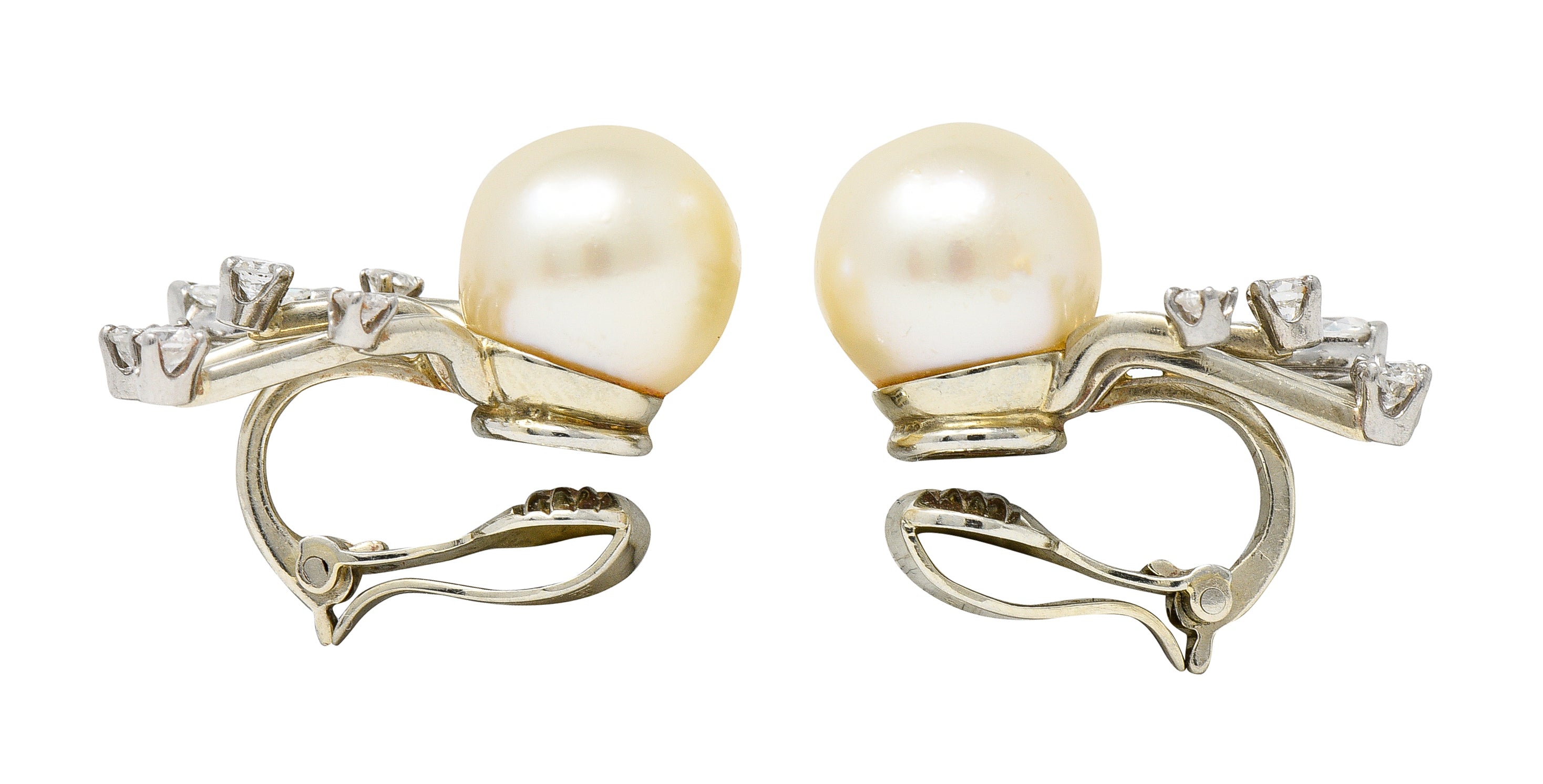 Trabert & Hoeffer Mid-Century Diamond South Sea Pearl Platinum Burst Vintage Ear-Clip Earrings Wilson's Estate Jewelry