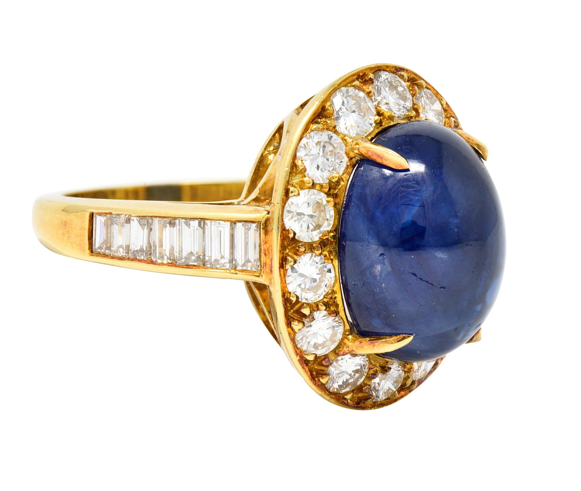 Van Cleef & Arpels 1980's 3.86 CTW Sapphire Cabochon Diamond 18 Karat Yellow Gold Vintage Halo Ring Wilson's Estate Jewelry