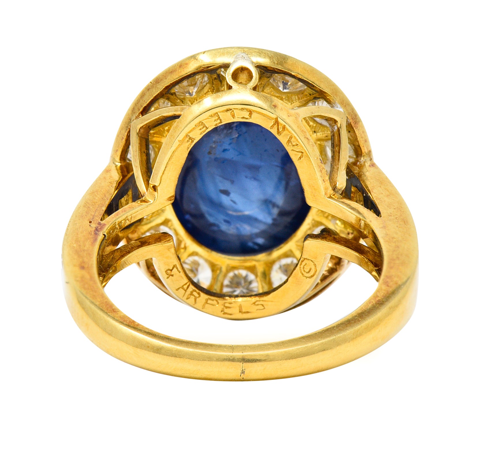 Van Cleef & Arpels 1980's 3.86 CTW Sapphire Cabochon Diamond 18 Karat Yellow Gold Vintage Halo Ring Wilson's Estate Jewelry