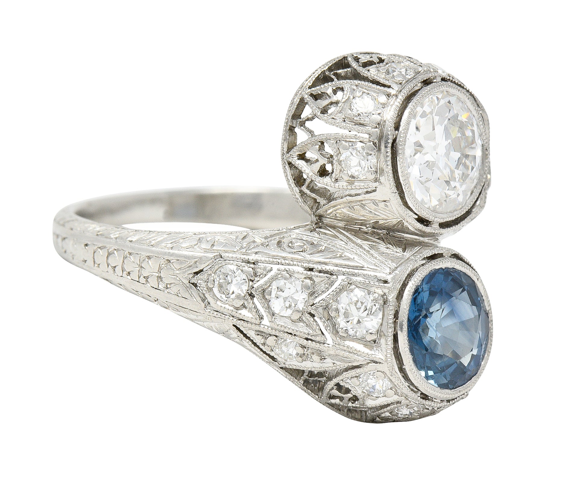 Art Deco 2.28 CTW Old European Cut Diamond Sapphire Platinum Toi Et Moi Wheat Vintage Bypass Ring Wilson's Estate Jewelry