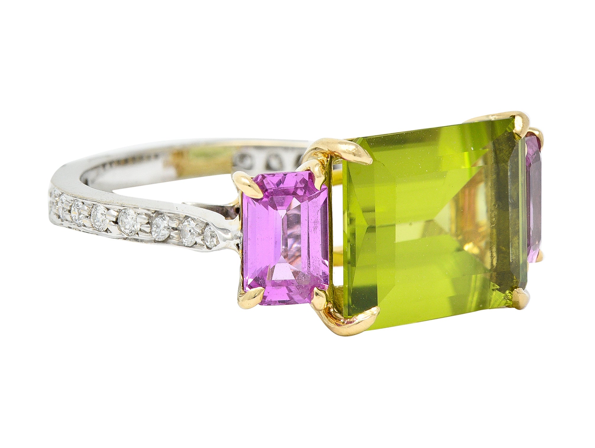 Paolo Costaglio Contemporary 10.45 CTW Diamond Peridot Pink Sapphire 18 Karat Two-Tone Gold Three Stone Florentine Ring Wilson's Estate Jewelry