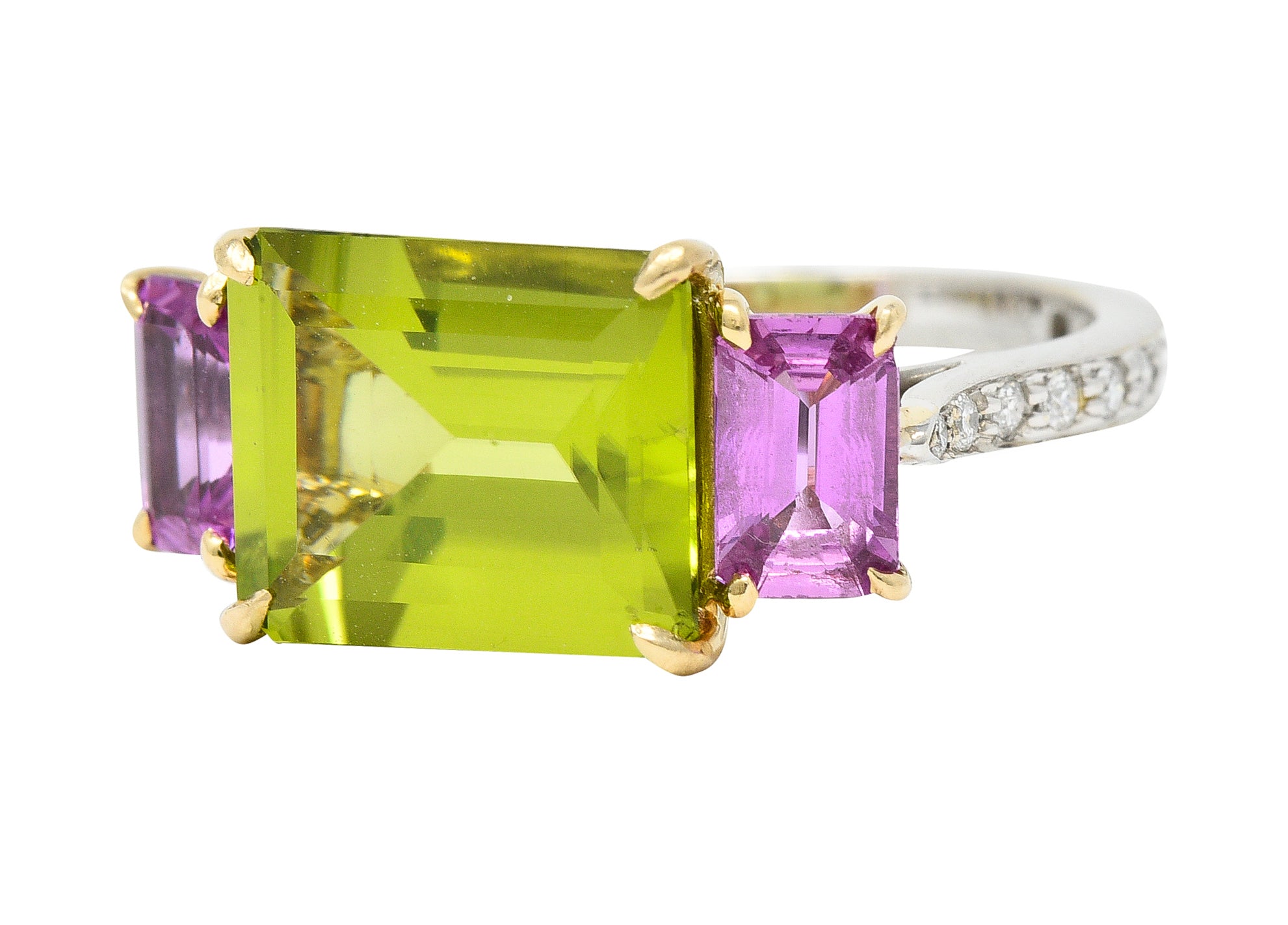 Paolo Costaglio Contemporary 10.45 CTW Diamond Peridot Pink Sapphire 18 Karat Two-Tone Gold Three Stone Florentine Ring Wilson's Estate Jewelry