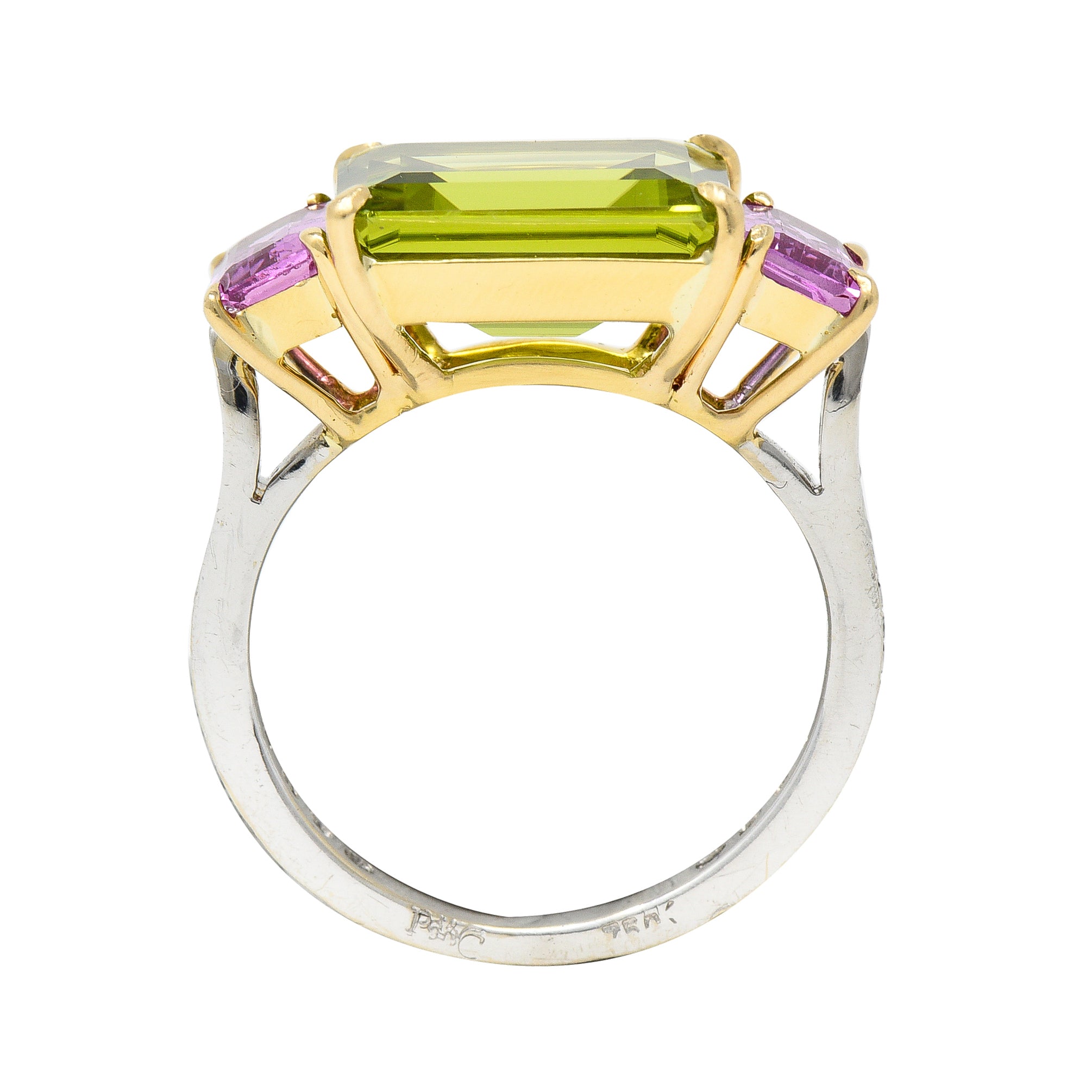 Paolo Costaglio Contemporary 10.45 CTW Diamond Peridot Pink Sapphire 18 Karat Two-Tone Gold Three Stone Florentine Ring Wilson's Estate Jewelry