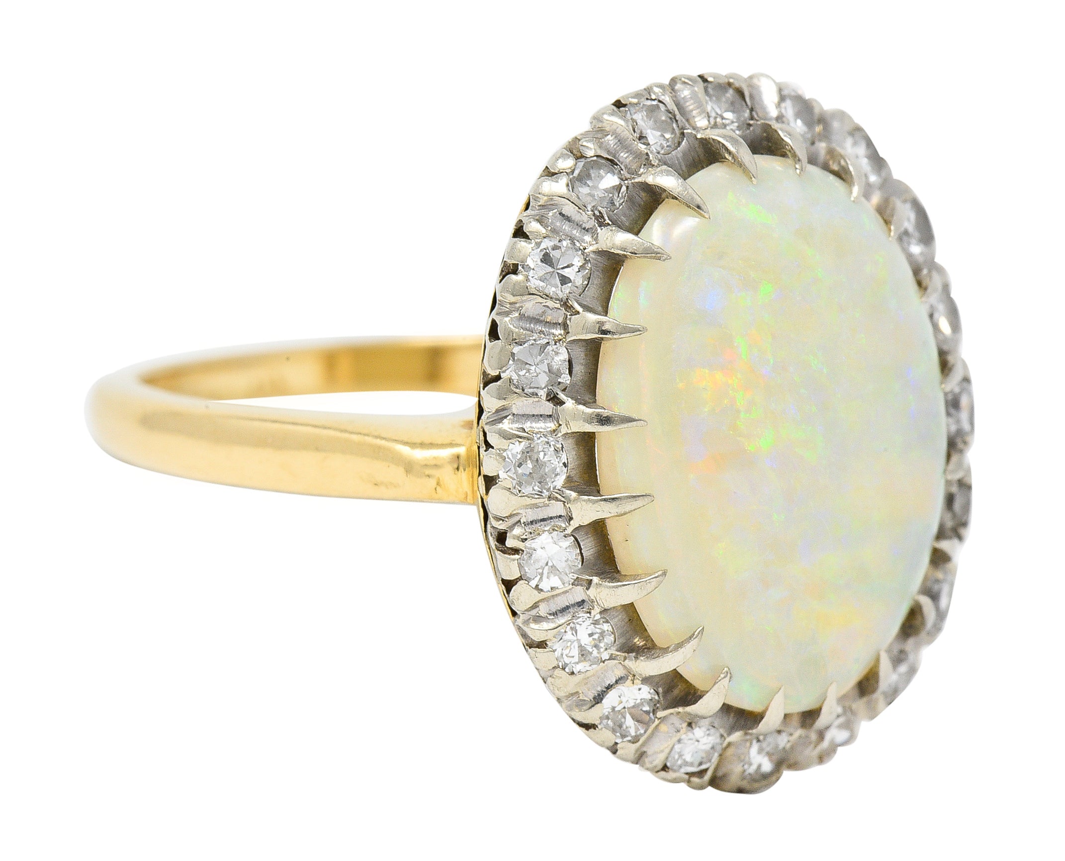 Edwardian Diamond Opal Cabochon Platinum-Topped 14 Karat Yellow Gold Antique Halo Ring Wilson's Estate Jewelry