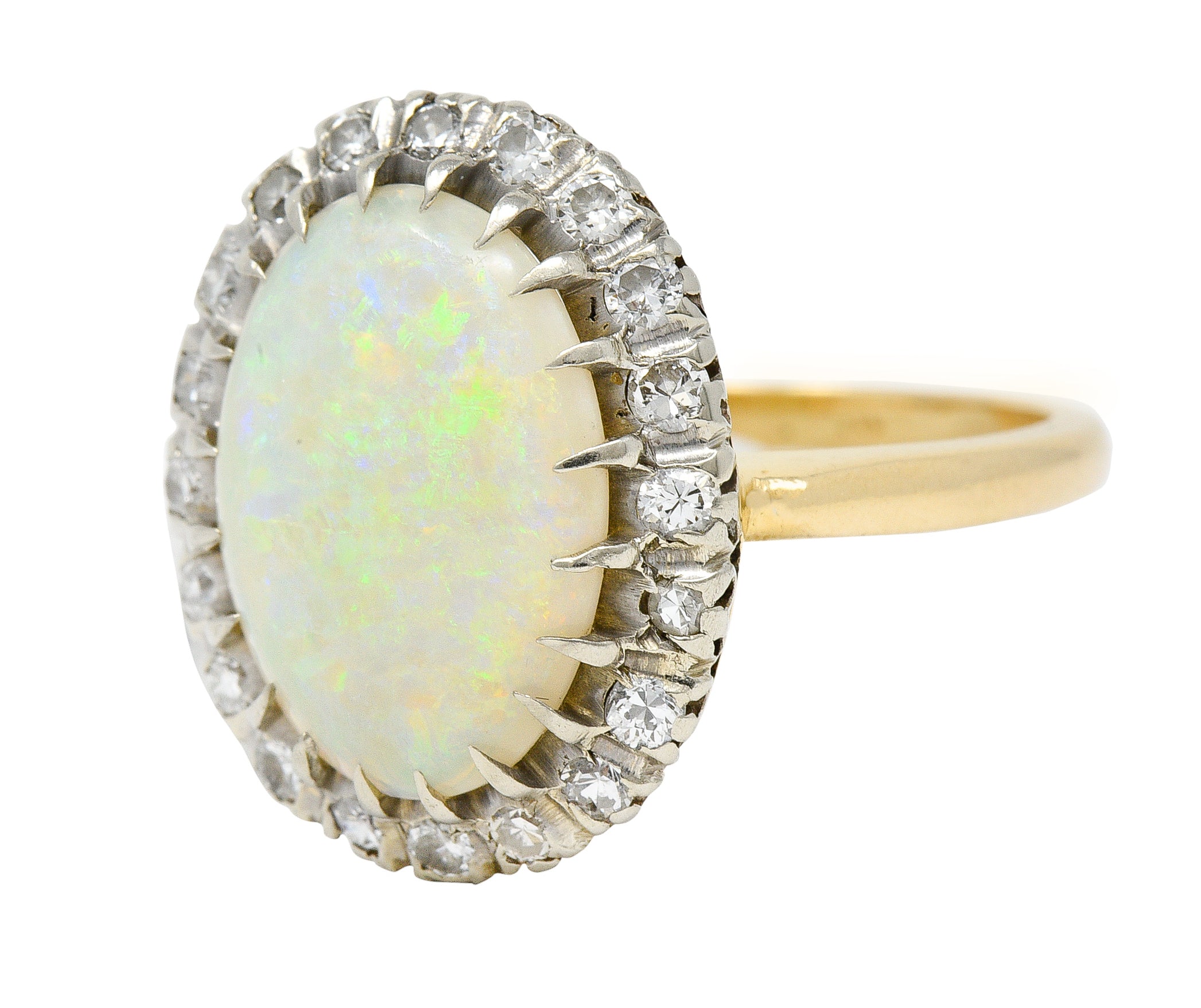 Edwardian Diamond Opal Cabochon Platinum-Topped 14 Karat Yellow Gold Antique Halo Ring Wilson's Estate Jewelry