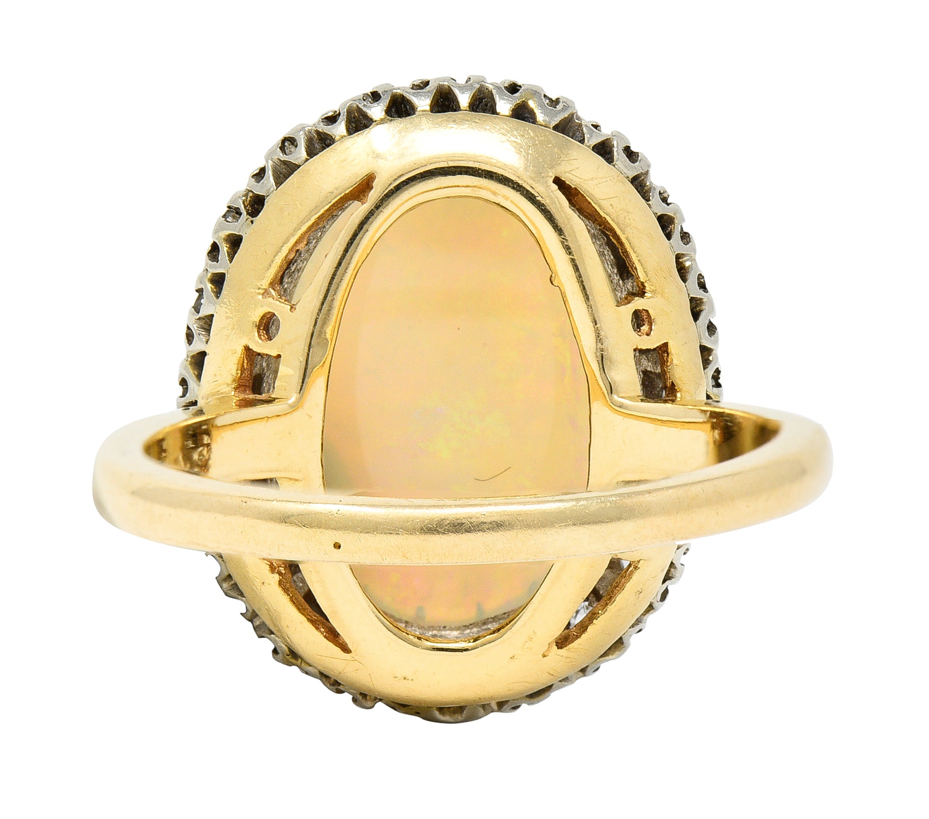 Edwardian Diamond Opal Cabochon Platinum-Topped 14 Karat Yellow Gold Antique Halo Ring Wilson's Estate Jewelry