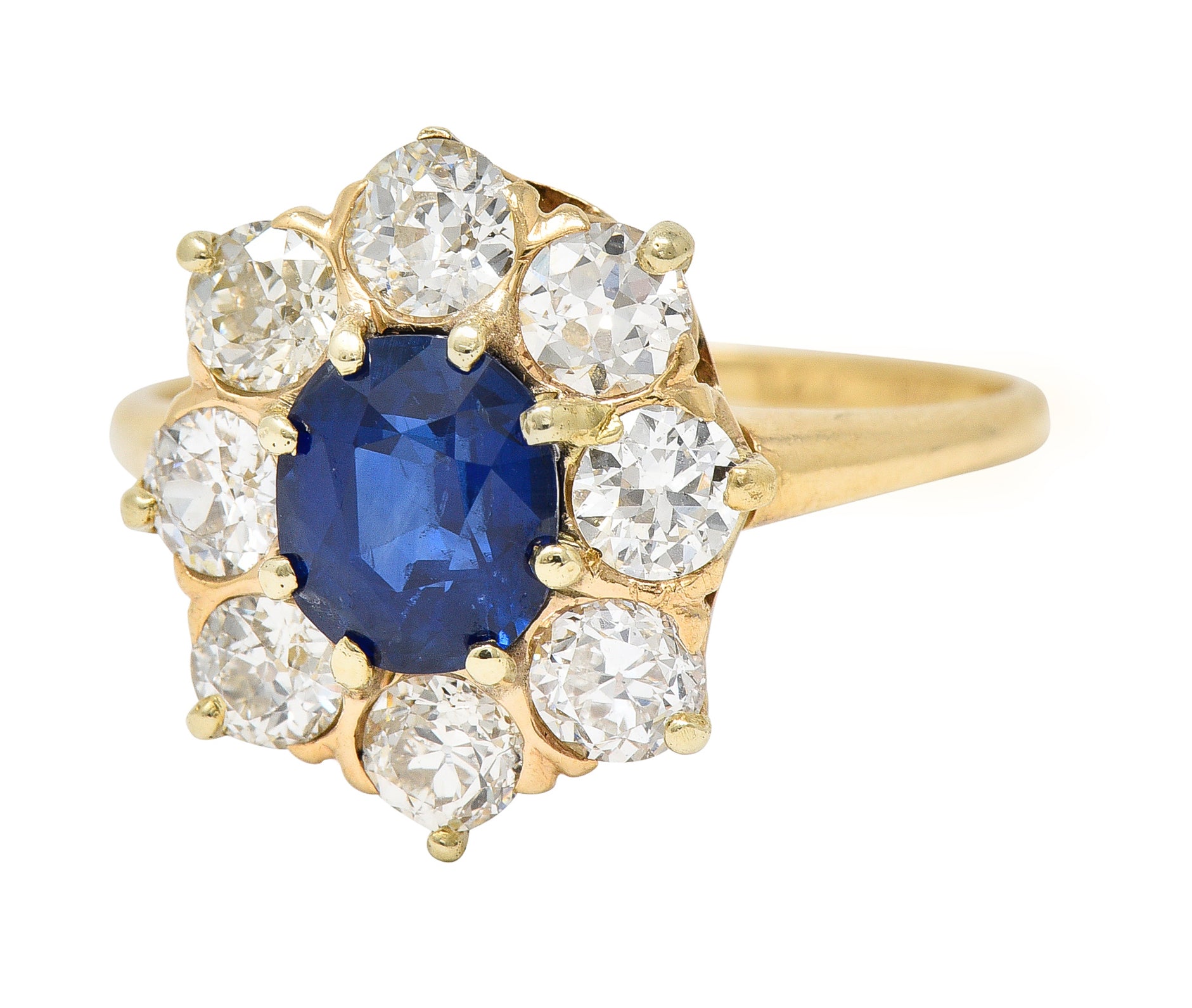 Victorian 2.64 CTW Oval Cut No Heat Sapphire Old European Cut Diamond 14 Karat Yellow Gold Antique Cluster Ring GIA Wilson's Estate Jewelry